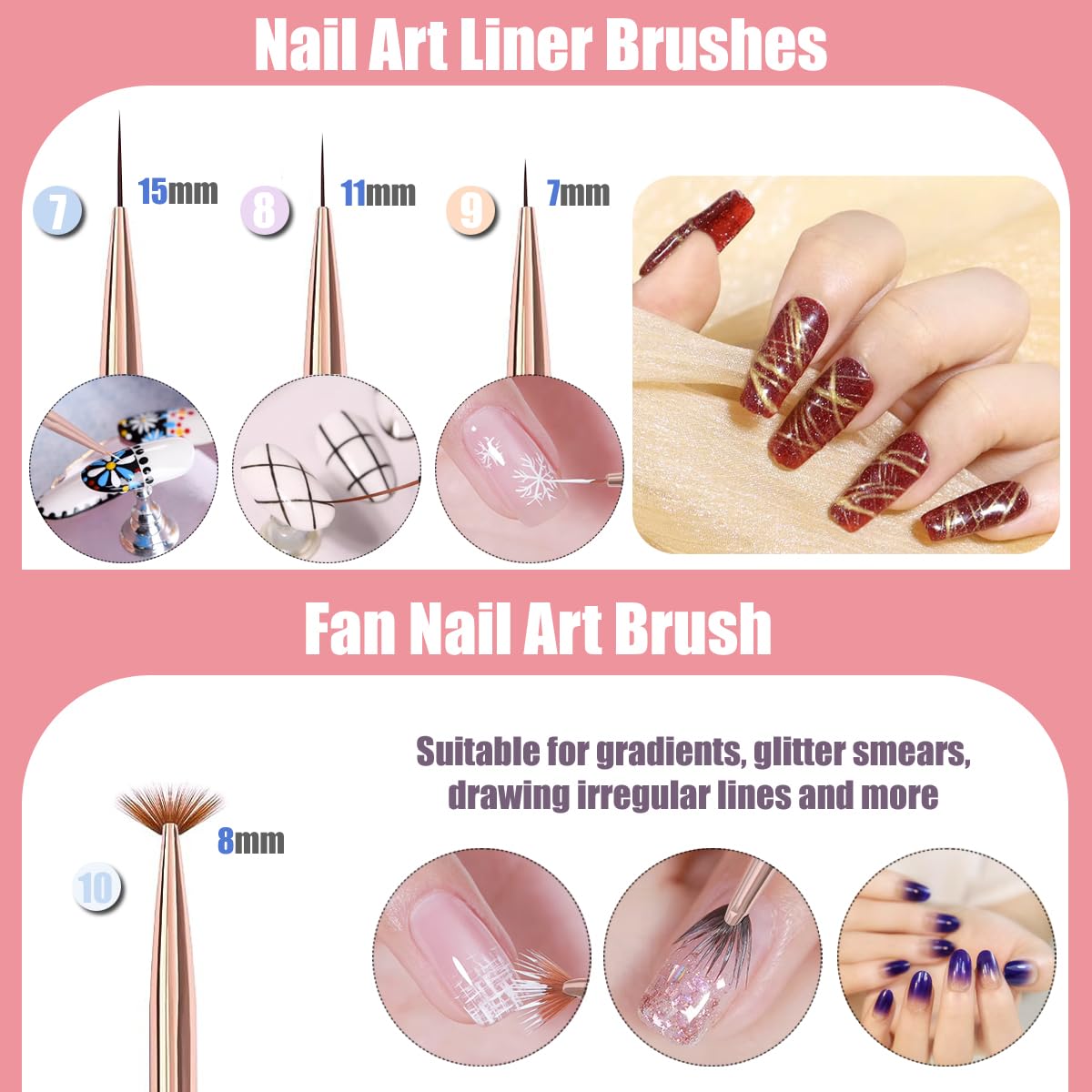 KINGMAS 10Pcs Professional Nail Art Brush Set - Gel Polish Painting Brush, Liner Brush, Dotting Pen & Dust Cleaning Brush for DIY Nail Design - Perfect for Home, Salon & Manicure Kits