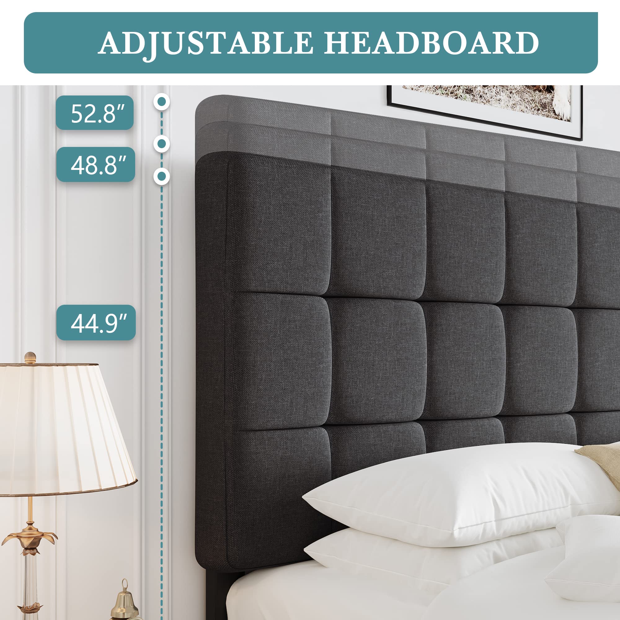 HOOMIC Full Size Upholstered Panel Bed Frame with Adjustable Headboard - No Box Spring Needed, Easy Assembly, Grey Fabric Upholstery - Perfect for Master Bedroom, Guest Room & Small Space Living