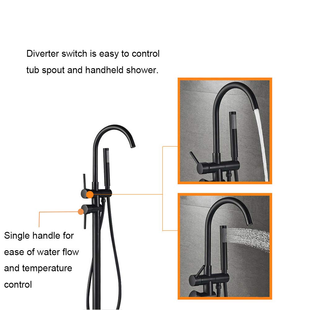 Matte Black Bathtub Faucet with Handheld Shower Mixer - Floor Mount Tub Filler & Shower Faucet for Modern Bathrooms | Perfect for Spa-Like Relaxation & Convenient Bathing