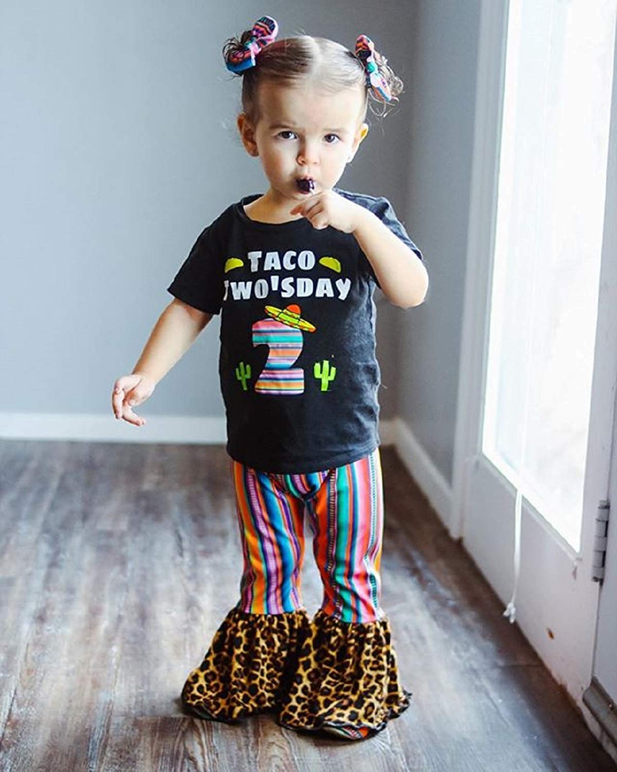 Toddler Girls Leopard Print Ruffle Leggings - Flare Bell Bottom Pants with Plaid Design for Playdates, Parties & Everyday Wear