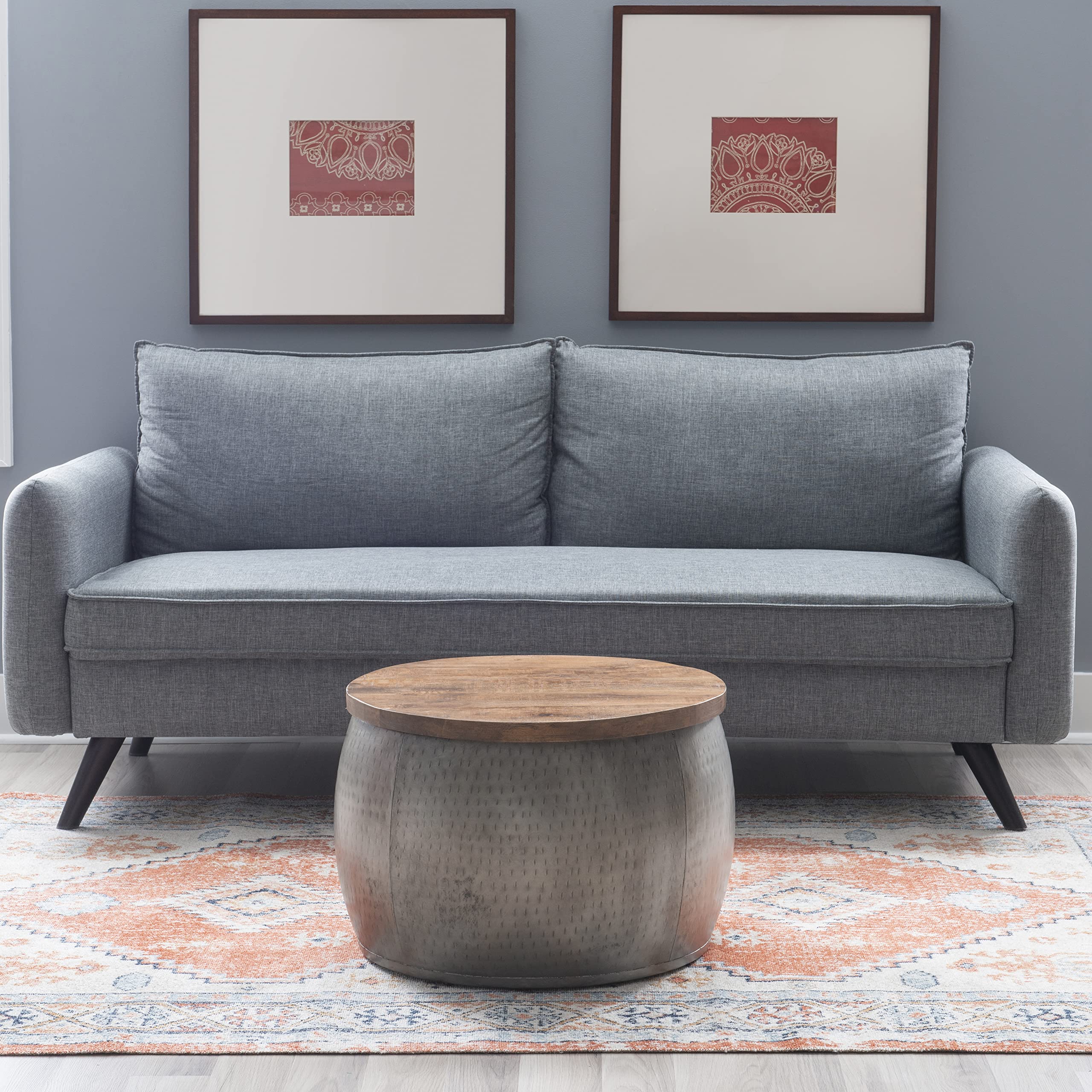 Powell Janice Small Silver Storage Drum Table - Stylish Side Table with Hidden Storage for Living Room, Bedroom, or Office