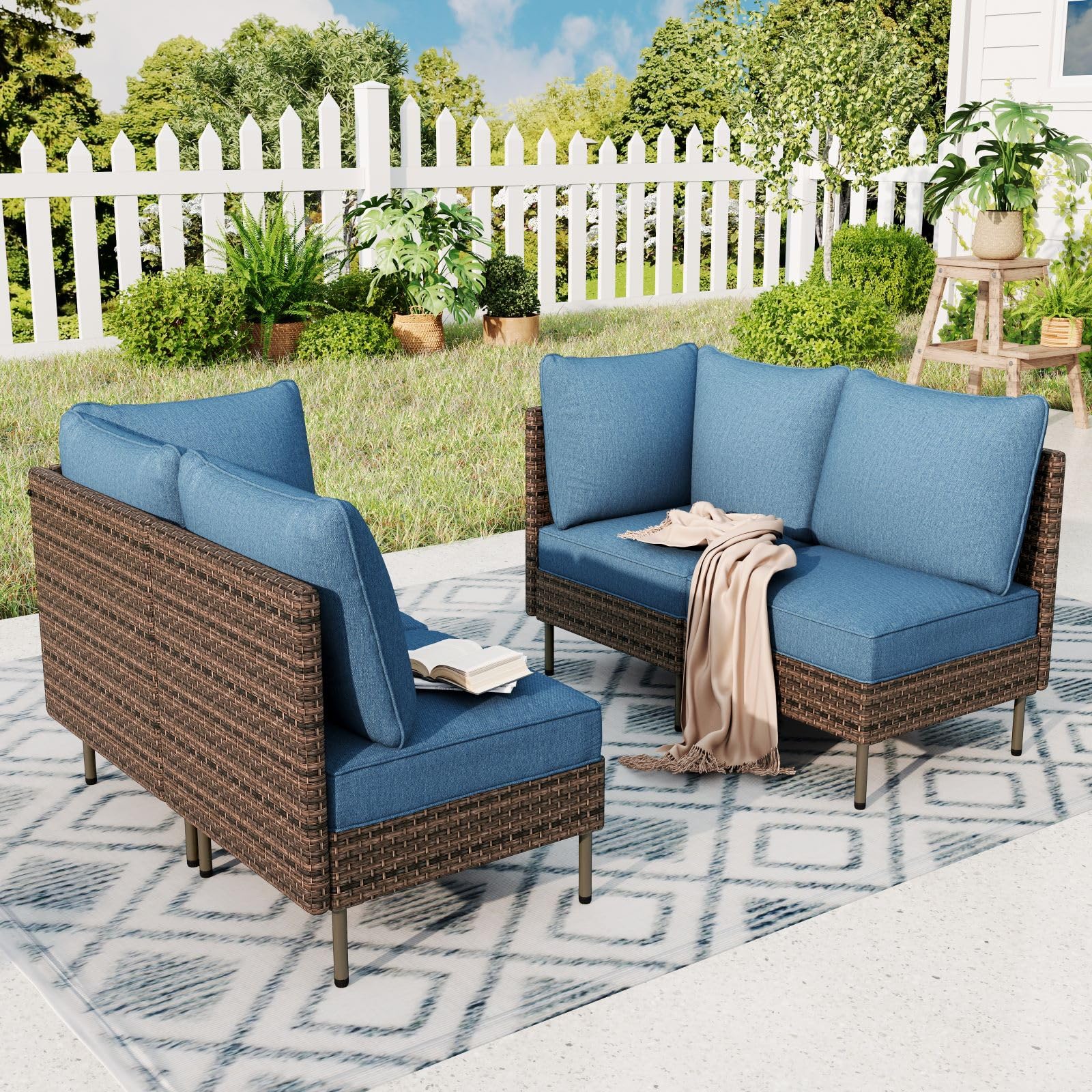 Sophia & William 4-Piece All-Weather Outdoor Patio Furniture Set - PE Wicker Conversation Sofa Set with Cushions - Blue Patio Seating for Backyard, Porch, Garden & Poolside Relaxation