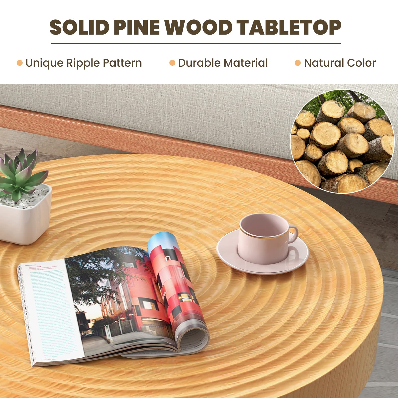 GOFLAME Round Coffee Table Set of 2 - Farmhouse Boho End Tables with Natural Wood Finish & Wood Ring Design, Solid Wood Nesting Side Tables with Sturdy Metal Legs & Adjustable Foot Pads - Perfect for Living Room, Bedroom, Dorm or Office Decor