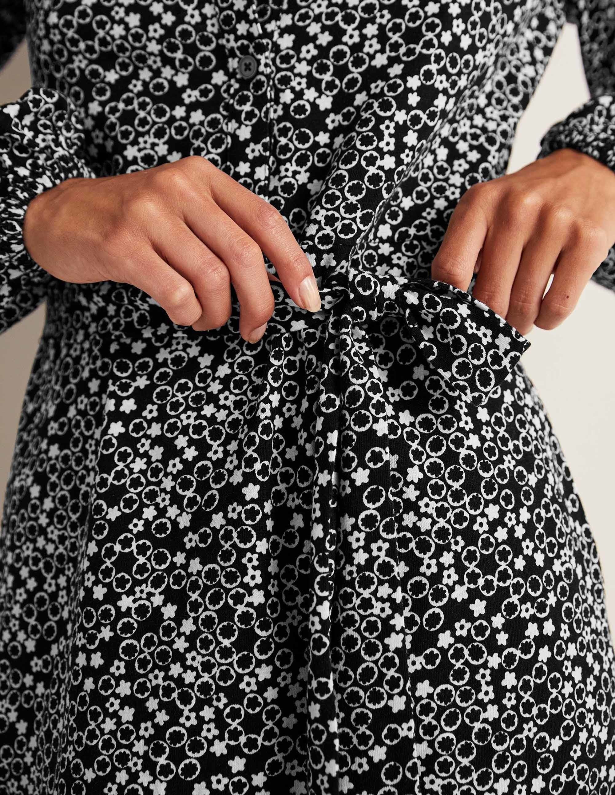 Women's Black Floral Belted Jersey Shirt Dress - Casual Wrap Dress for Work, Date Night & Spring Outfits