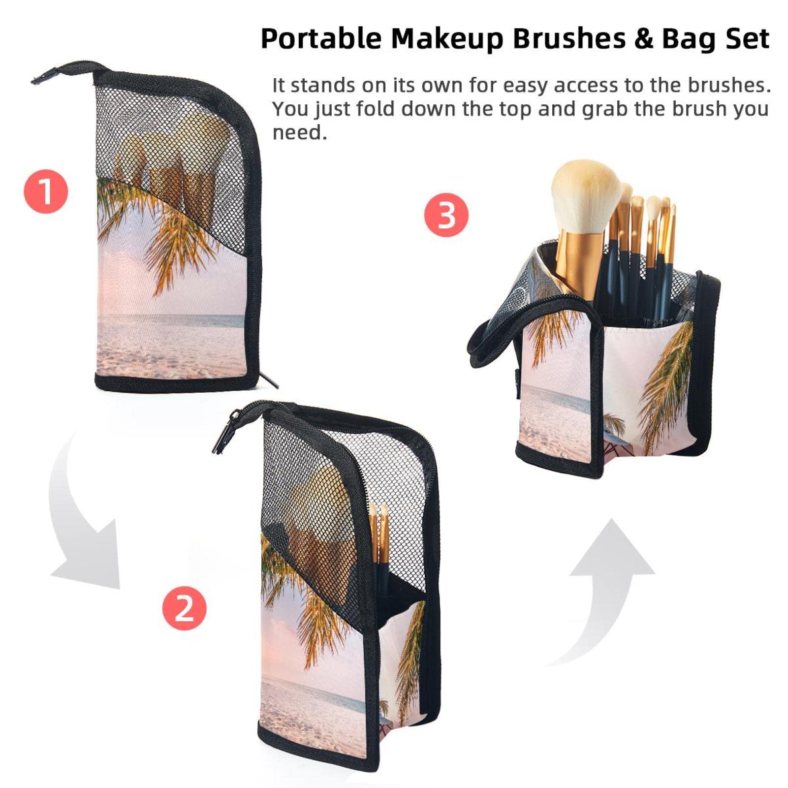 12-Piece Makeup Brush Organizer Bag with Portable Case - Tropical Palm Leaf Design for Travel & Home Storage - Perfect for Makeup Artists & Beauty Enthusiasts