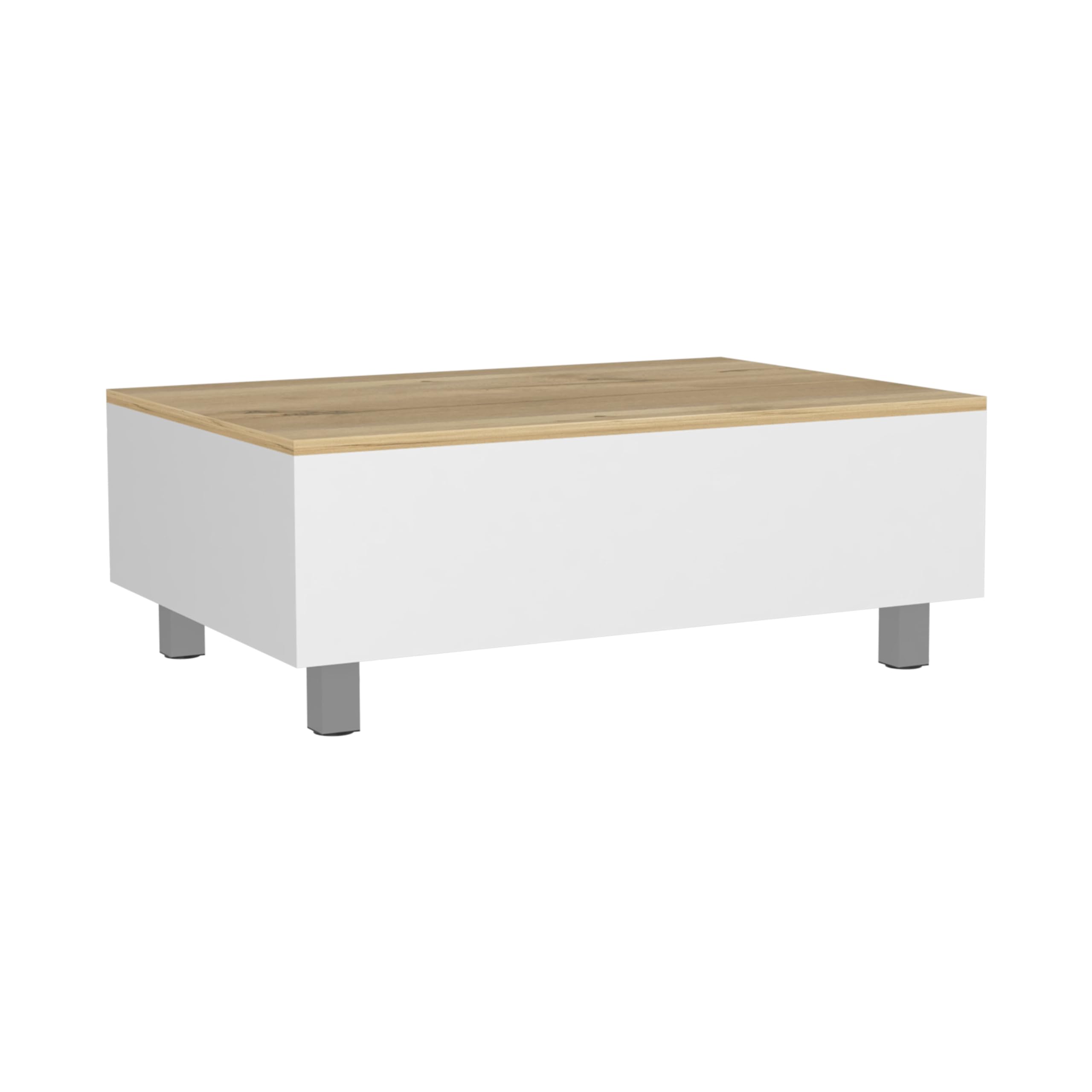 Tuhome Gambia Lift Top Coffee Table with Storage, 4-Leg Design in White & Light Oak - Perfect for Living Room, Office, and Small Spaces