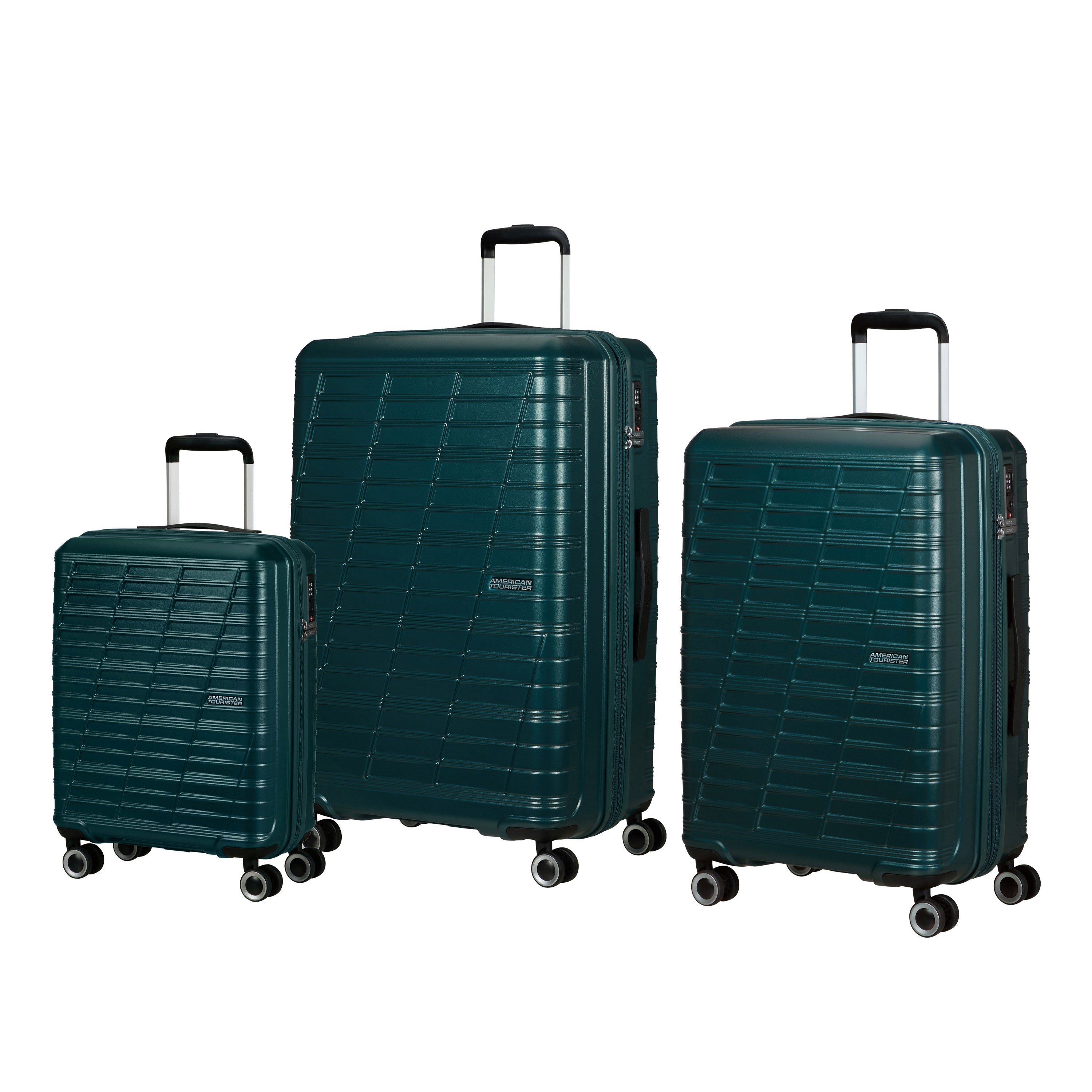 American Tourister Surftime Spinner 3-Piece Luggage Set - Lightweight Expandable Suitcase with 360° Wheels for Travel, Vacation & Business Trips (Black/Blue) - Perfect for Airplane Carry-On & Checked Baggage