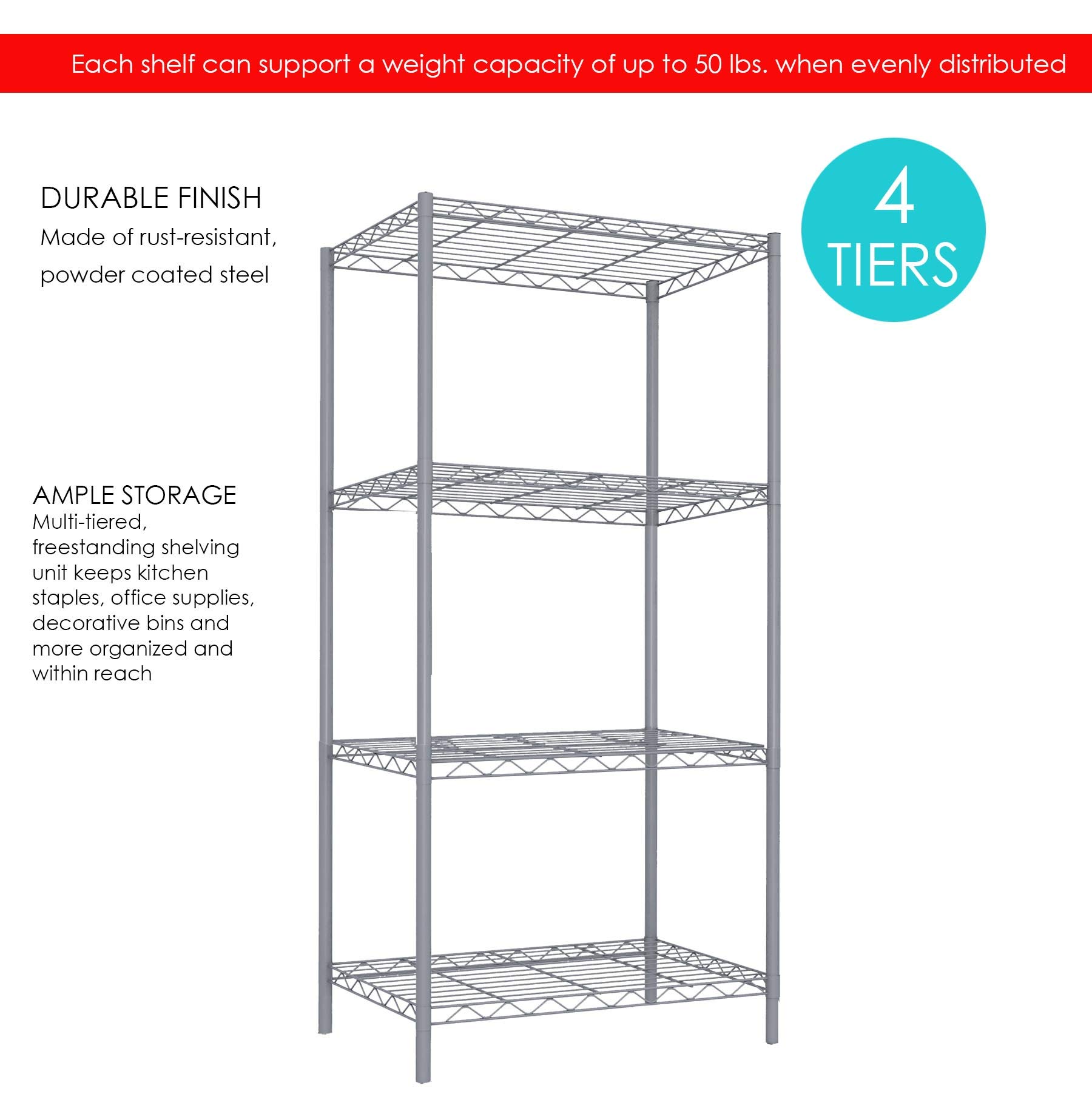 Home Basics 4-Tier Heavy Duty Steel Wire Shelf Rack - Space Saving Storage Organizer for Kitchen, Pantry, Laundry, Garage & Closet - Grey | Perfect for Organizing Spices, Cleaning Supplies & Home Essentials