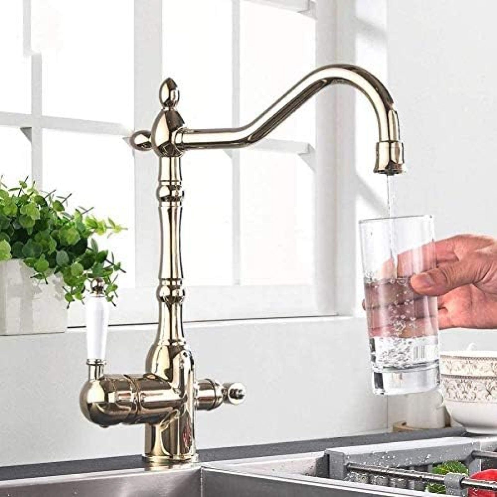 CRJUS Golden 3-in-1 Water Filter Kitchen Faucet - Two Handle Brass Swivel Spout Drinking Water Tap with Filtration System | Perfect for Modern Kitchens, RV Camping & Outdoor Use