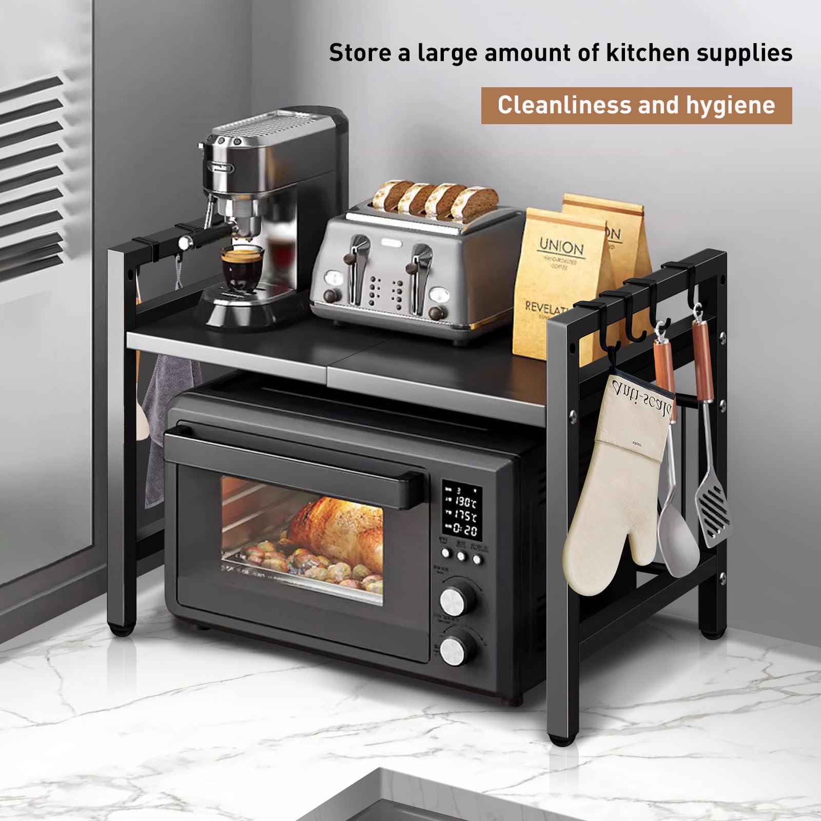 Adjustable Microwave Oven Rack with Hooks - 100lb Capacity Countertop Shelf for Kitchen Storage | Perfect for Small Spaces & Microwave Organization