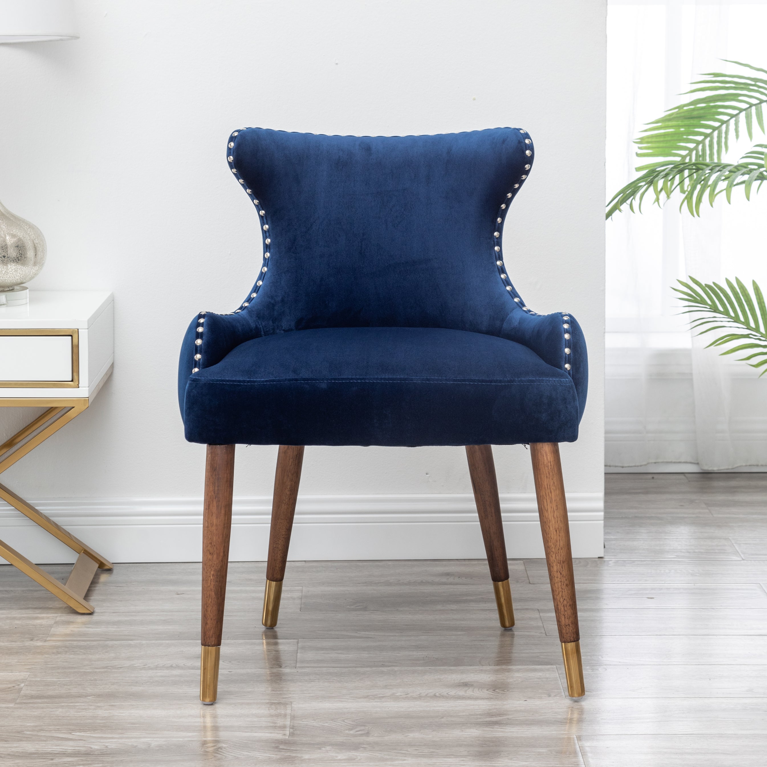 Roundhill Furniture Lindale Contemporary Velvet Upholstered Accent Chair with Nailhead Trim - Navy Blue Velvet Living Room Chair for Bedroom, Office & Lounge Decor