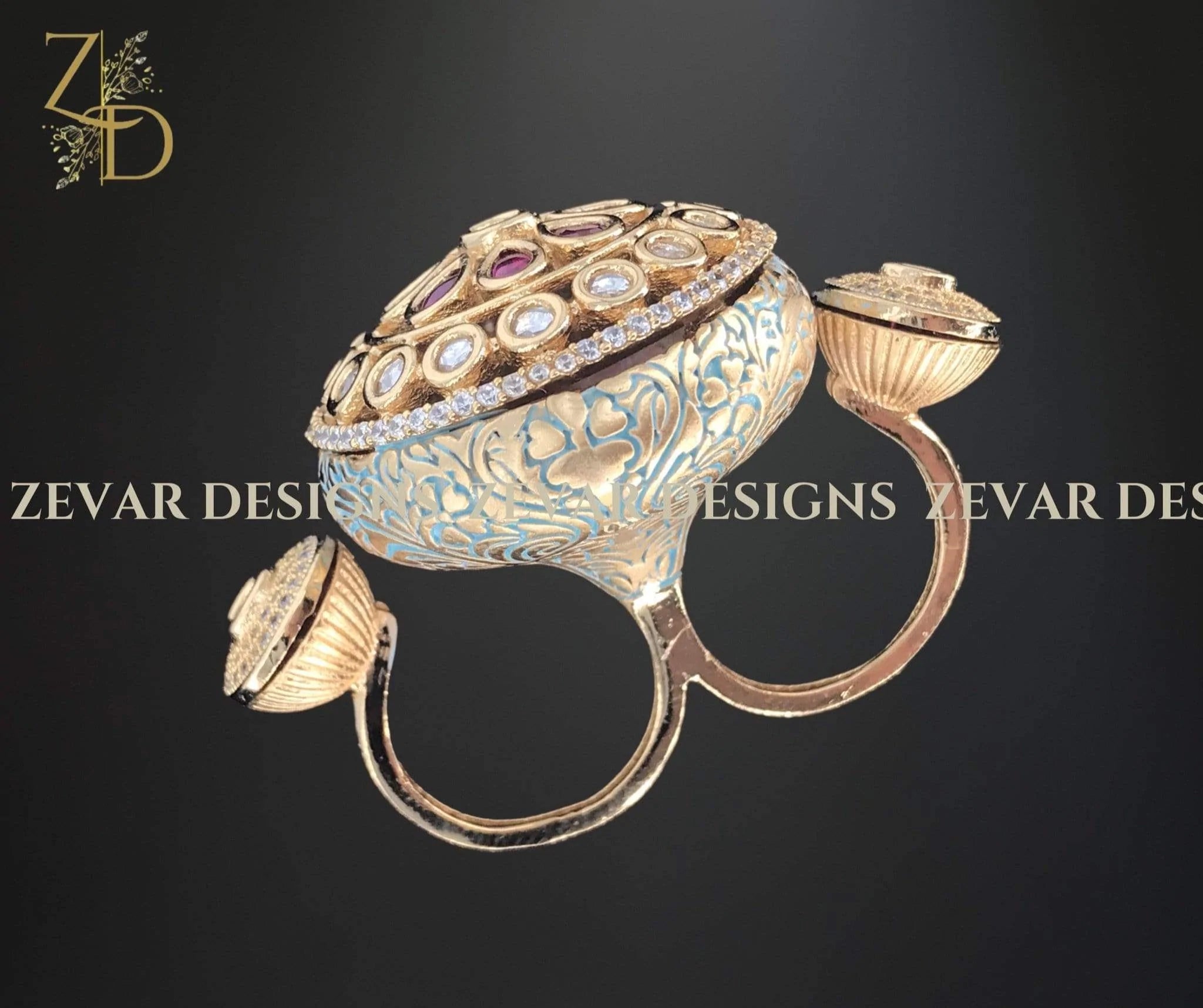 Exquisite Designer Kundan Meena Double Ring in Royal Blue - Perfect for Weddings, Parties & Ethnic Fashion Accessories