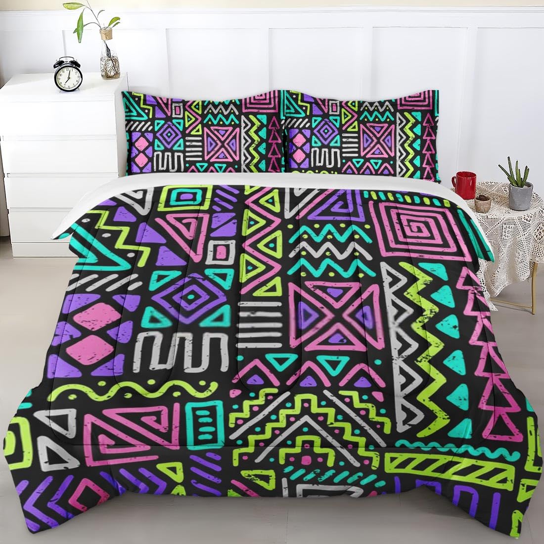 Queen Size Comforter Set - 80s Geometric African Tribal Bedding for Kids & Adults | Summer Cool Hippie Style with 2 Pillowcases | Perfect for Bohemian Bedroom Decor & Guest Room Styling