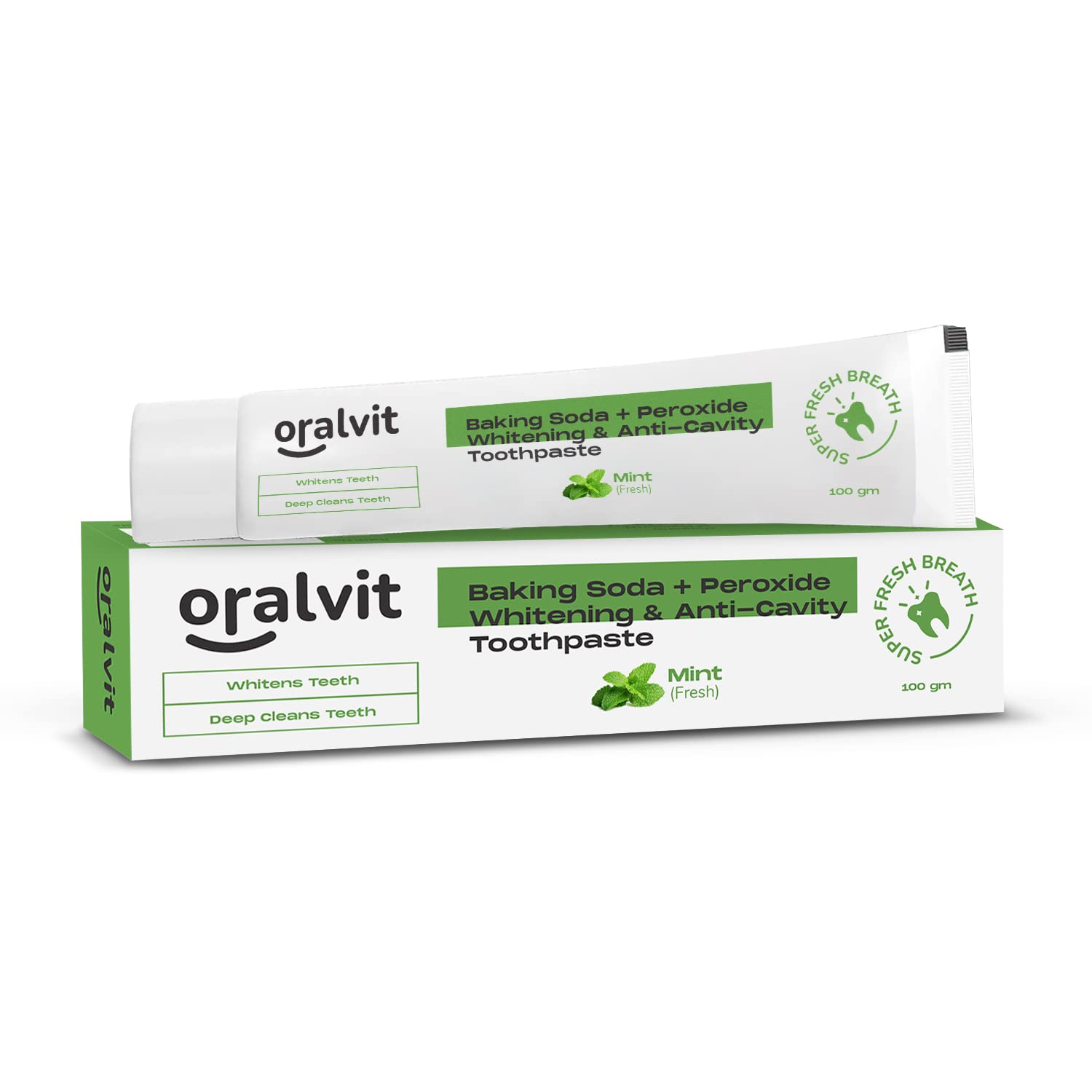 Oralvit Baking Soda & Peroxide Whitening Toothpaste for Teeth Whitening, Cavity Protection & Fresh Breath | Mint Flavor Toothpaste (100g) | Deep Cleaning Formula for Daily Oral Care & Stain Removal