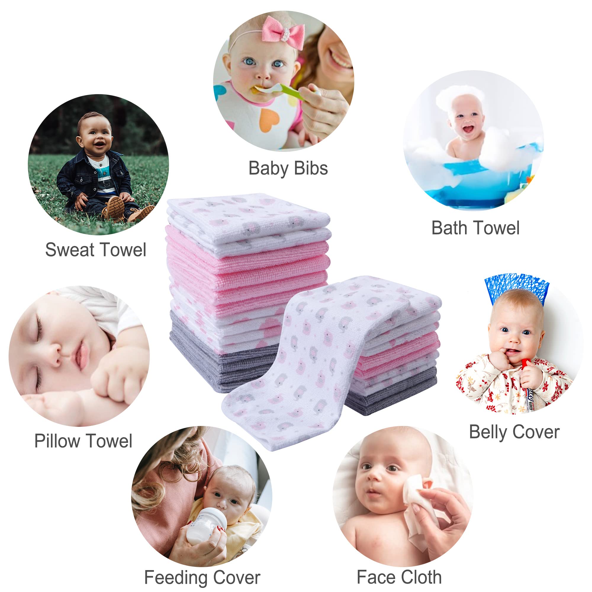 24-Pack Ultra Soft Baby Washcloths - Extra Absorbent & Gentle for Sensitive Skin | 9x9 Inch Pink Elephant Design | Unisex Face & Body Towels for Boys & Girls | Perfect for Bath Time, Diaper Changes & Gentle Skin Care