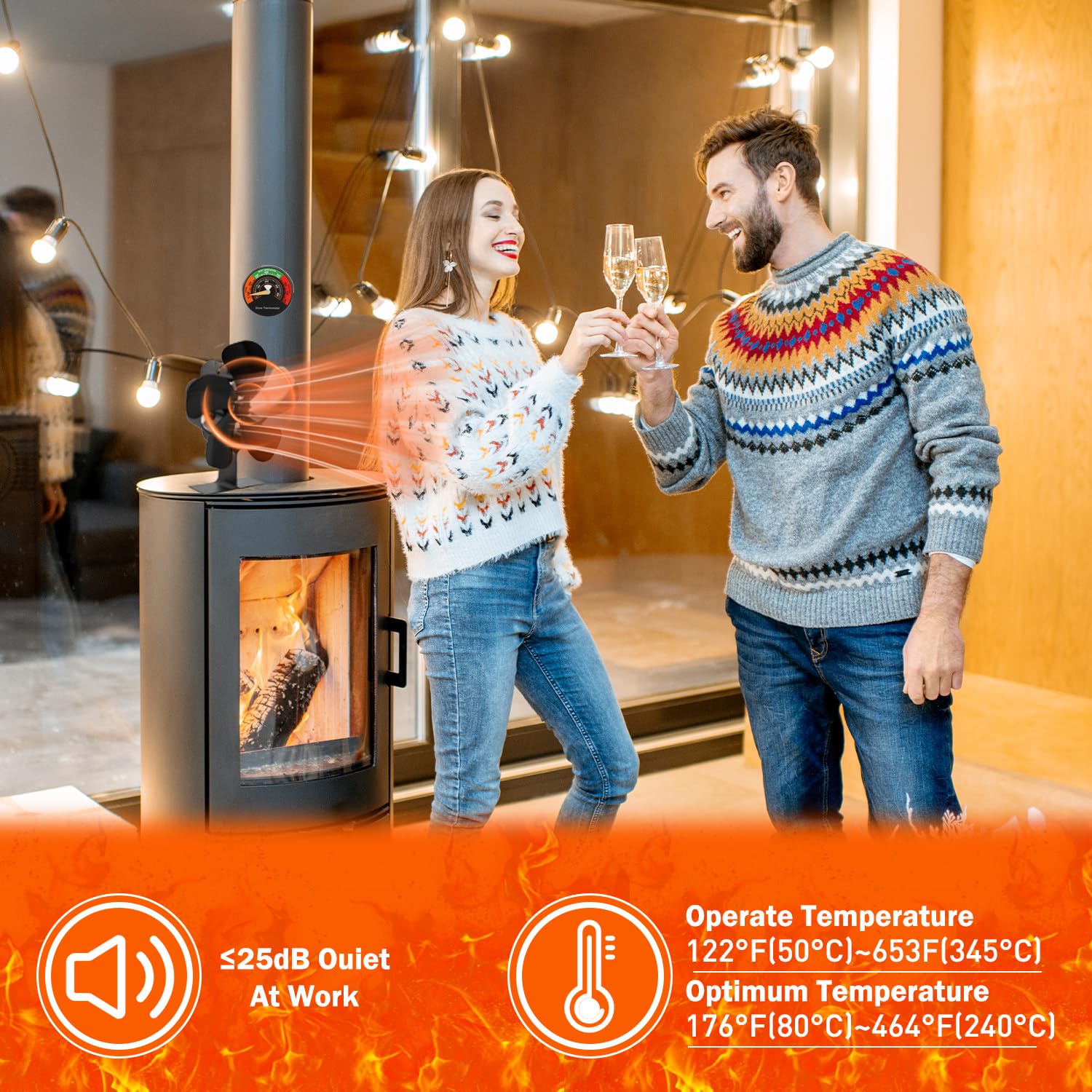 Efficient Heat Powered Wood Stove Fan with Magnetic Thermometer - Eco-Friendly Thermoelectric Fireplace Fan for Wood Burning Stoves, Pellet Heaters & Log Burners - Perfect for Home Heating & Energy Savings