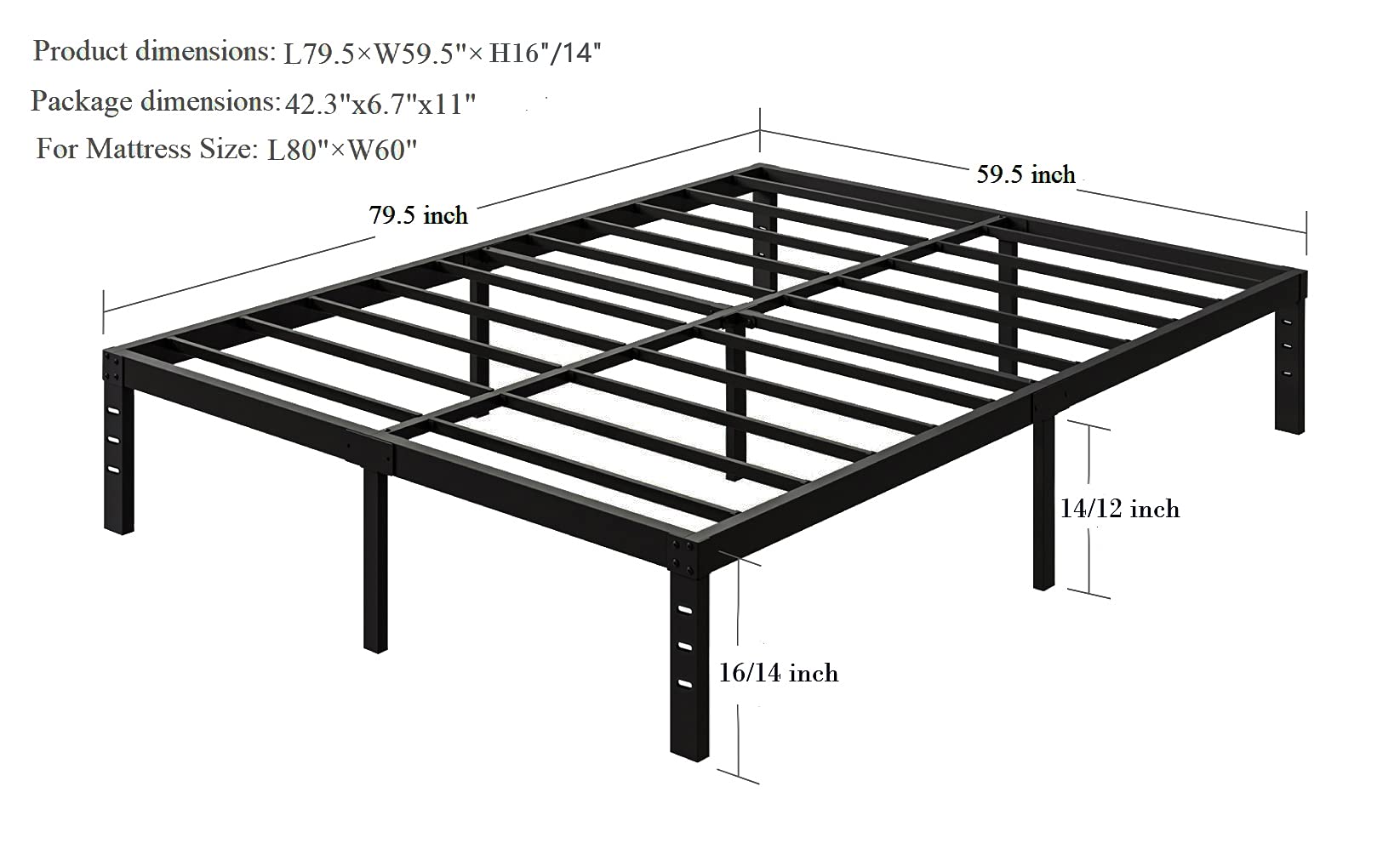 COMASACH 16 Inch Heavy Duty Queen Size Bed Frame - 3500 lbs Capacity, Sturdy Metal Slats Platform (No Box Spring Needed), Easy Assembly, Noise-Free & Non-Slip Design with Under Bed Storage - Perfect for Small Spaces, Guest Rooms & Modern Bedrooms