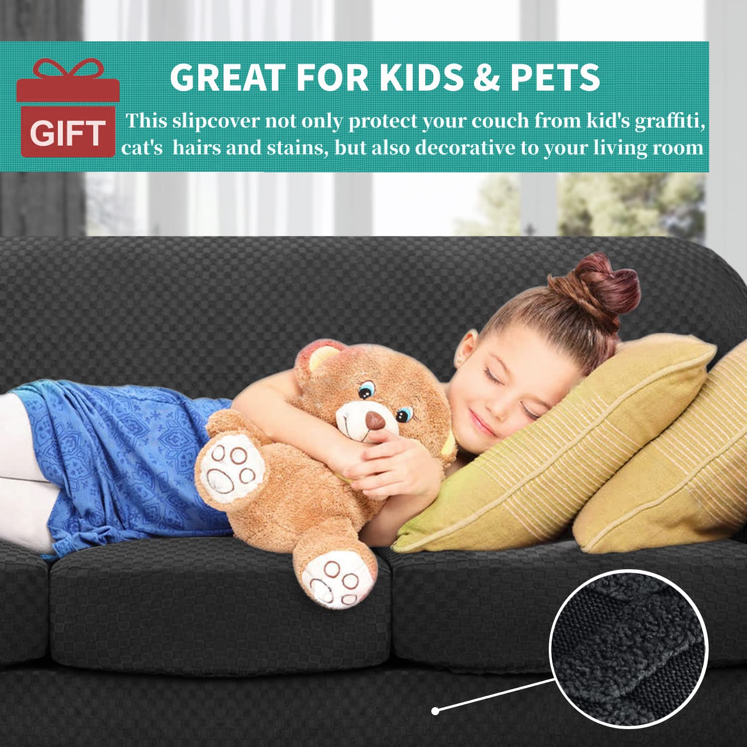 YEMYHOM 4-Piece Stretch Checkered Sofa Cover for 3-Cushion Couch - Thickened Elastic Slipcover for Pets, Furniture Protector (Black, 71