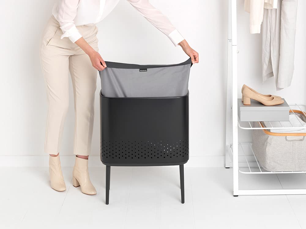 Brabantia Bo Laundry Hamper 16 Gallon - Removable Ventilated Laundry Basket with Flat Back, Stylish Matt Black Dirty Clothes Bin | Rust-Resistant Bathroom Hamper for Bedroom, Laundry Room & Dorm Organization