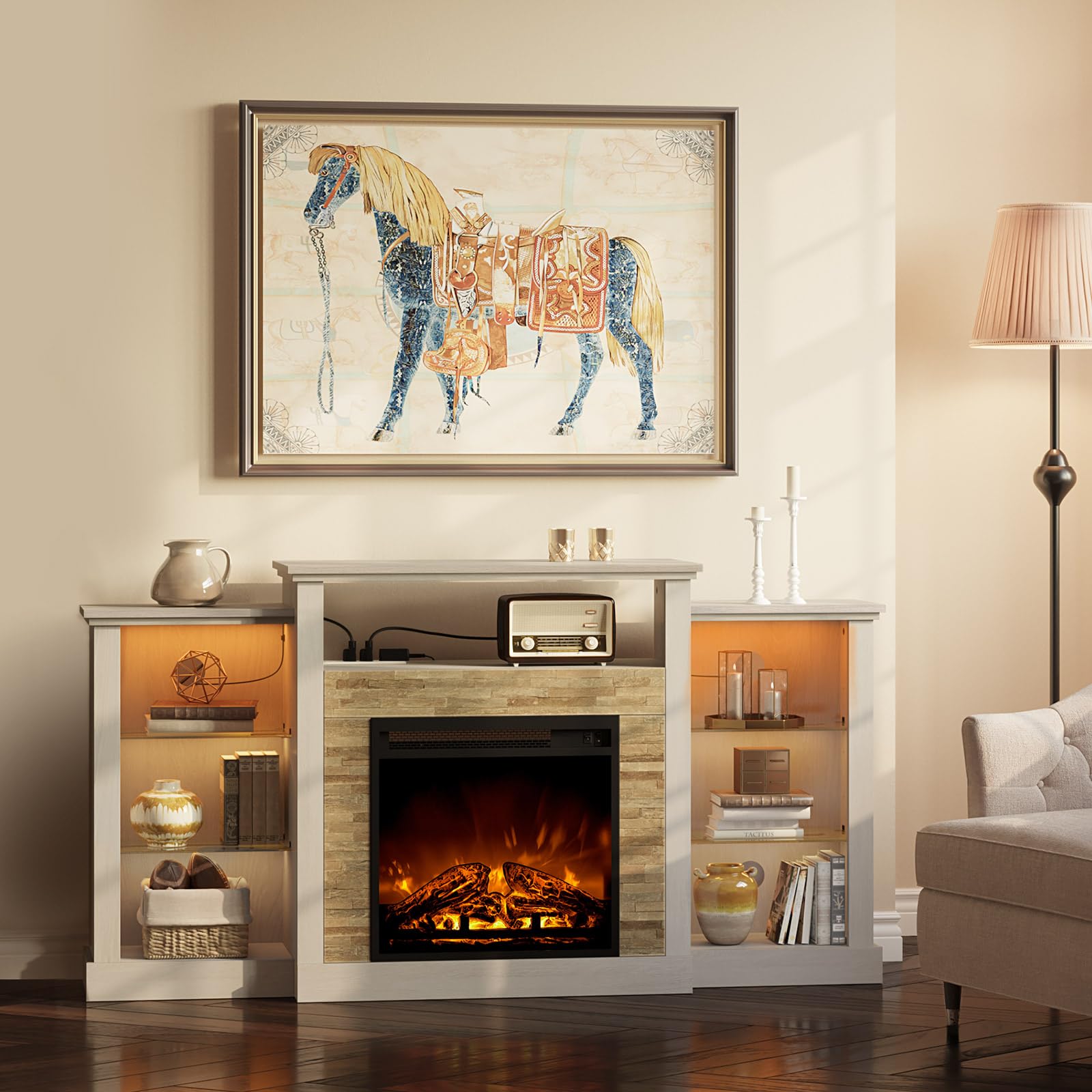 Rolanstar 55 Inch TV Stand with LED Lights & Power Outlets - Modern Fireplace TV Console for 32