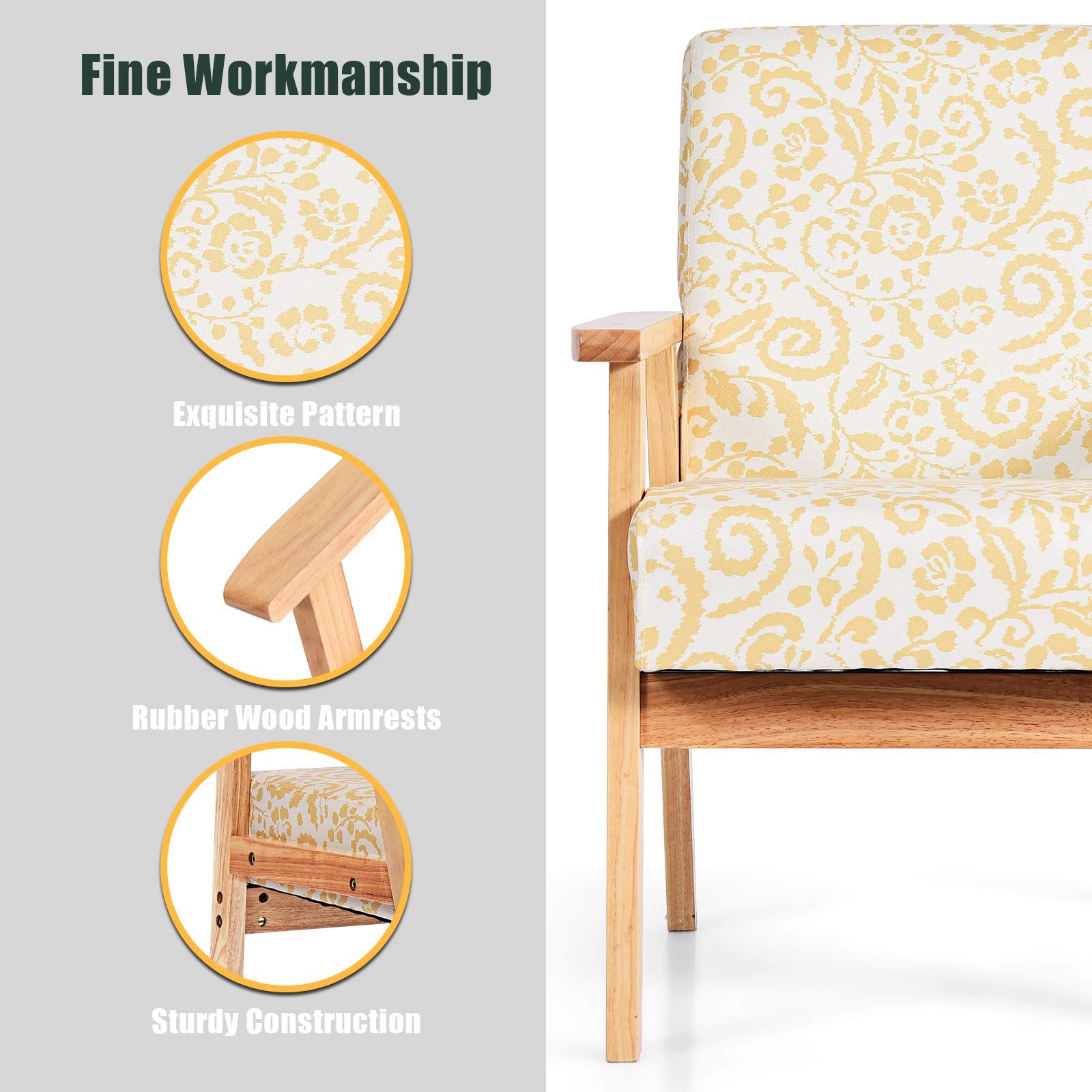 Powerstone Modern Fabric Accent Chair with Wooden Legs - Yellow for Living Room & Office