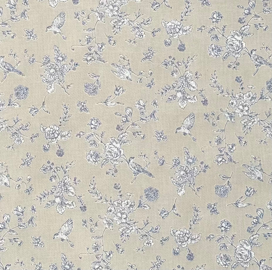 CAP4670 1D Beige Blue Bird Floral Toile Fabric - Vintage Inspired Home Decor Fabric for Curtains, Upholstery & DIY Craft Projects