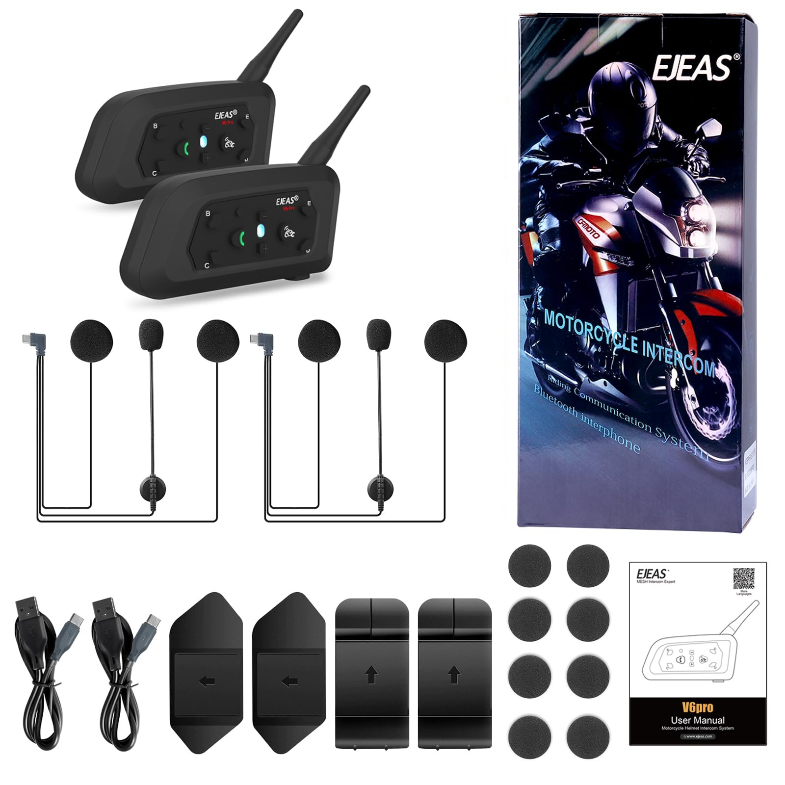 EJEAS V6 Pro Motorcycle Bluetooth Helmet Intercom - 2-Way 1200M Communication System with Noise Cancellation & Waterproof - Compatible with Dirt Bike, ATV, Snowmobile (2 Pack) - Perfect for Group Rides, Off-Road Adventures & Winter Sports