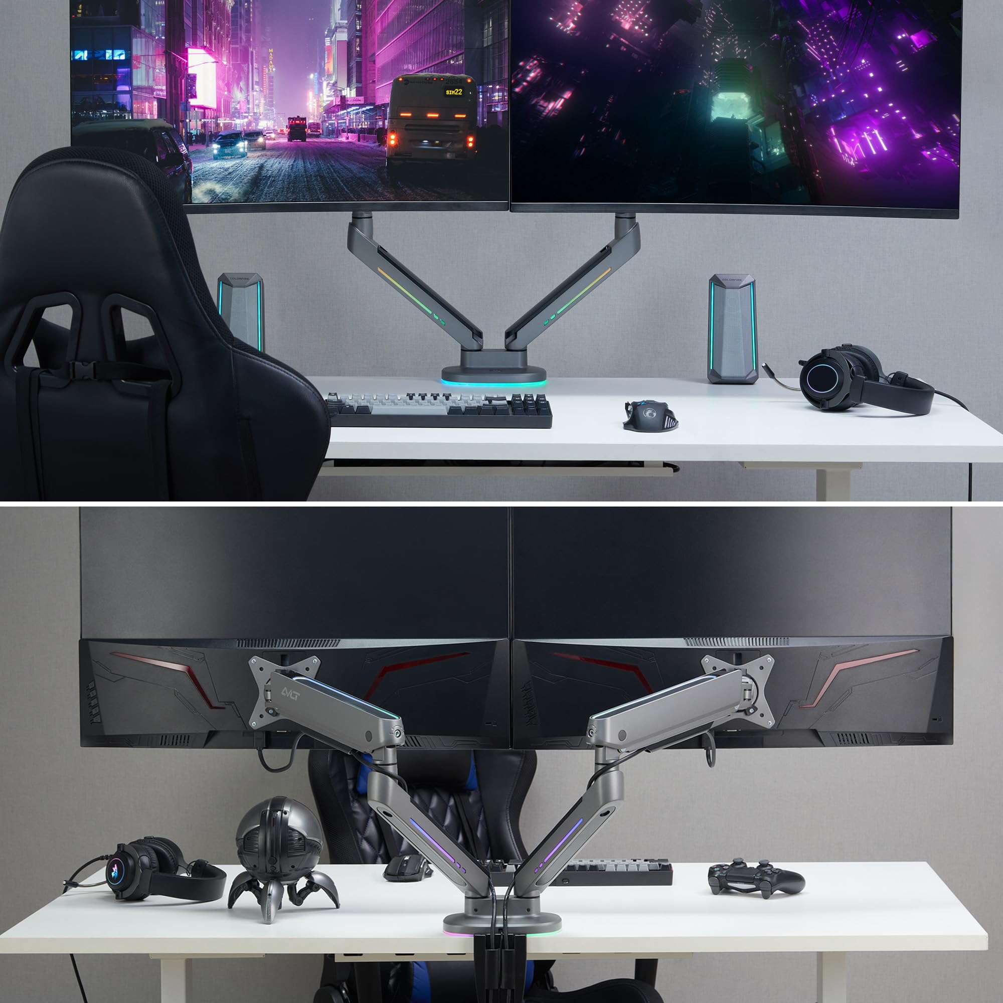 AVLT Dual 27”-43” RGB Gaming Monitor Arm Desk Mount with 20 Lighting Modes & Touch Control - Adjustable Height, Swivel, Tilt for Flat/Curved/Ultrawide Screens - Perfect for Gaming Setup, Home Office & Workstation (Dark Gray)