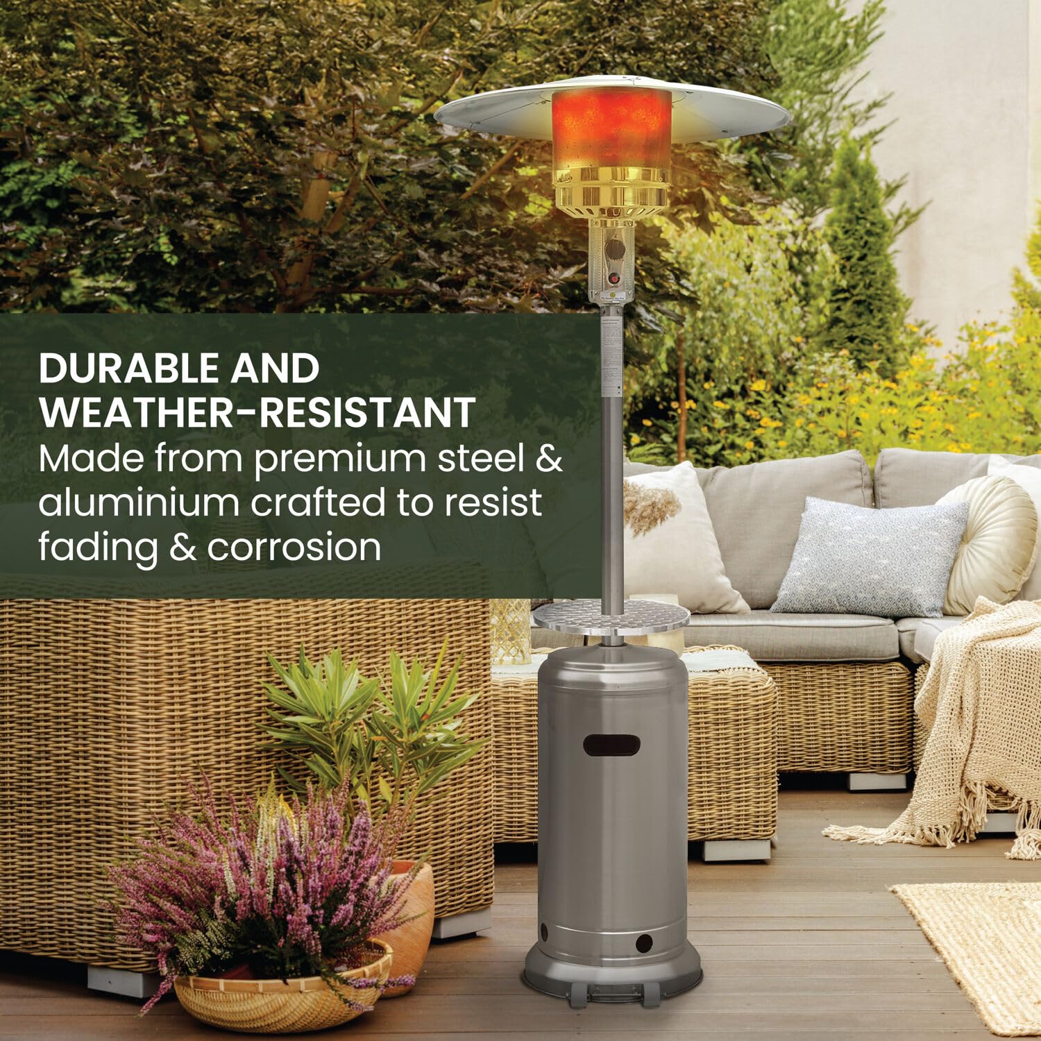 Hanover Outdoor 48,000 BTU 7-Foot Propane Patio Heater with Wheels - Portable Outdoor Heater Covers 26.5 Sq. Ft. for Patio, Porch, Deck, Backyard & Garden Gatherings