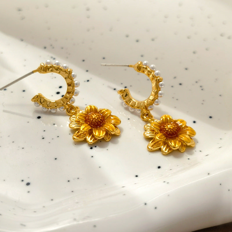 Dainty Sunflower C Hoop Pearl Dangle Earrings for Women | Elegant Floral Jewelry Gift | HE10509 | Perfect for Summer Outfits, Weddings & Boho Fashion