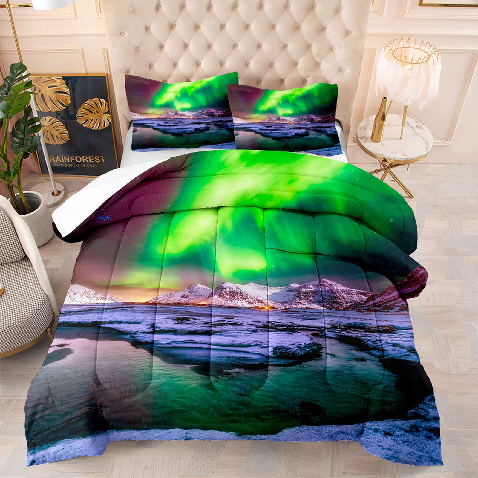 Green Northern Lights Twin Bed Comforter Set - 2 Piece Arctic Ocean Mountain Nature Bedding with Comforter & Pillow Sham | Cozy Winter Bedroom Decor for Kids & Teens