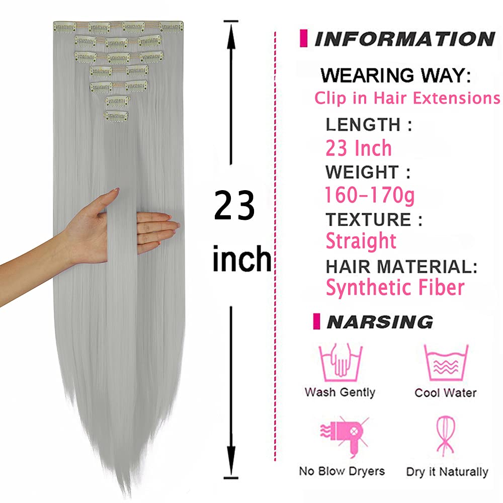 7Pcs 16 Clips 23 Inch Long Straight Full Head Clip-in Double Weft Hair Extensions for Women - Silver Grey | Natural-Looking Volume & Length for Daily Wear, Parties & Special Occasions