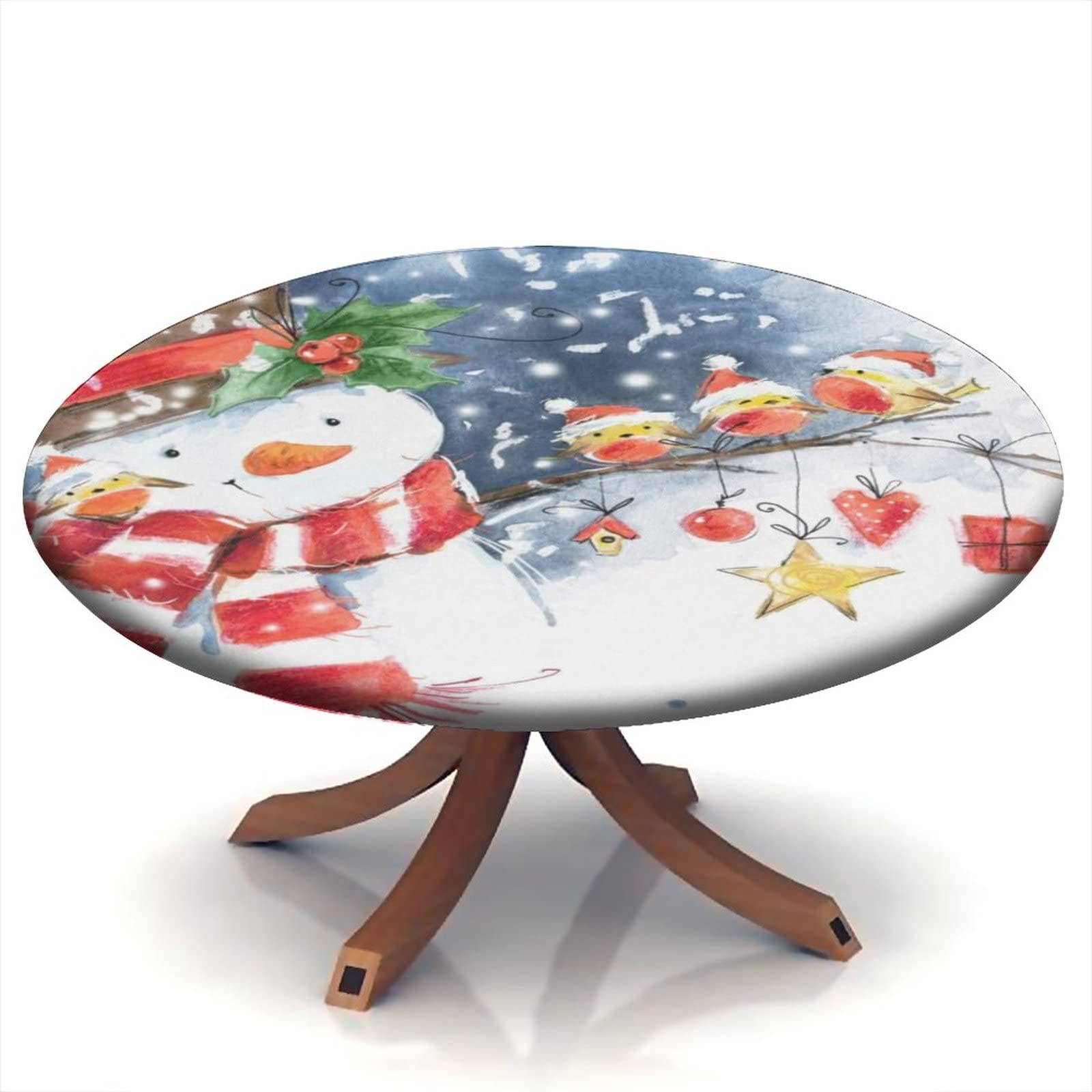 Festive Snowman & Bird Christmas Round Tablecloth - Elastic Edge, Wrinkle & Dust Proof Polyester Fabric - Perfect for Holiday Parties, Family Gatherings & BBQ Events (Fits 24