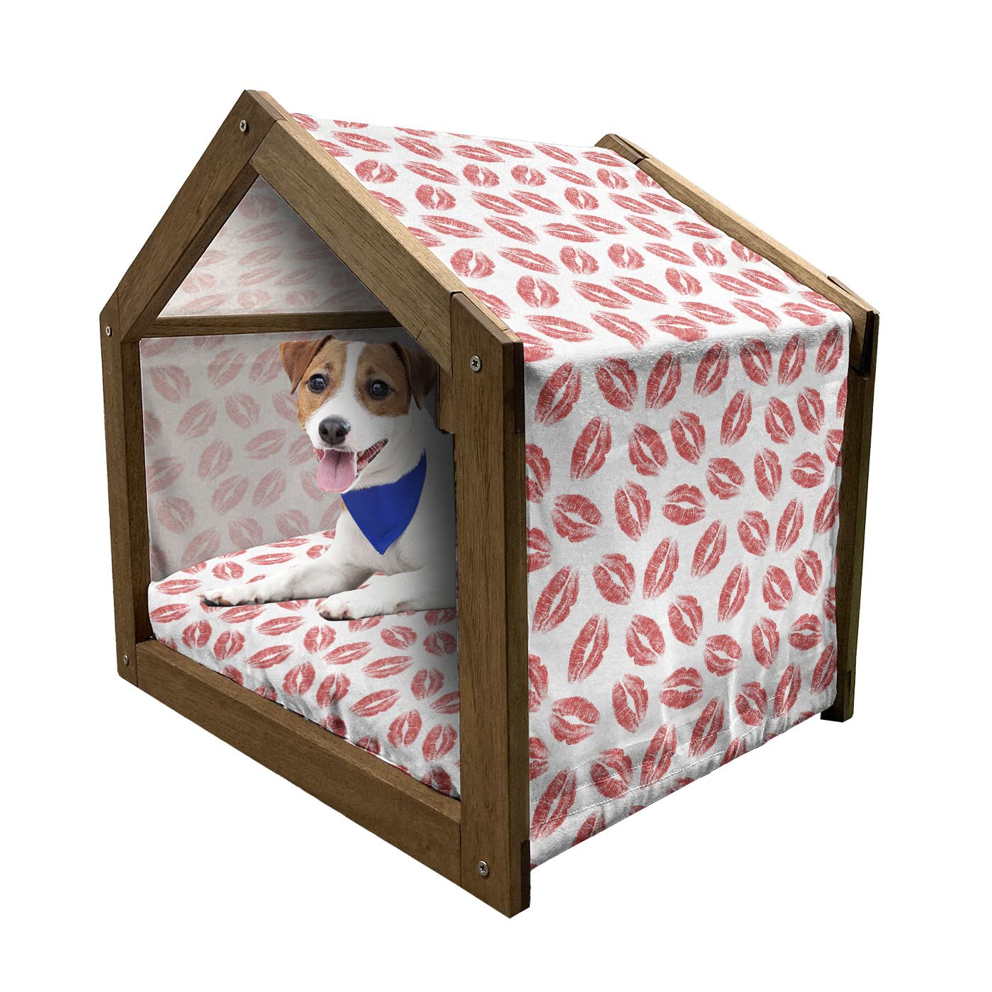 Ambesonne Kissing Wooden Pet House - Portable Indoor & Outdoor Dog Kennel with Pillow & Cover - Feminine Lipstick Lips Print in Dark Pink & White - Medium Size for Small to Medium Dogs - Perfect for Home, Garden, Patio or Travel Use