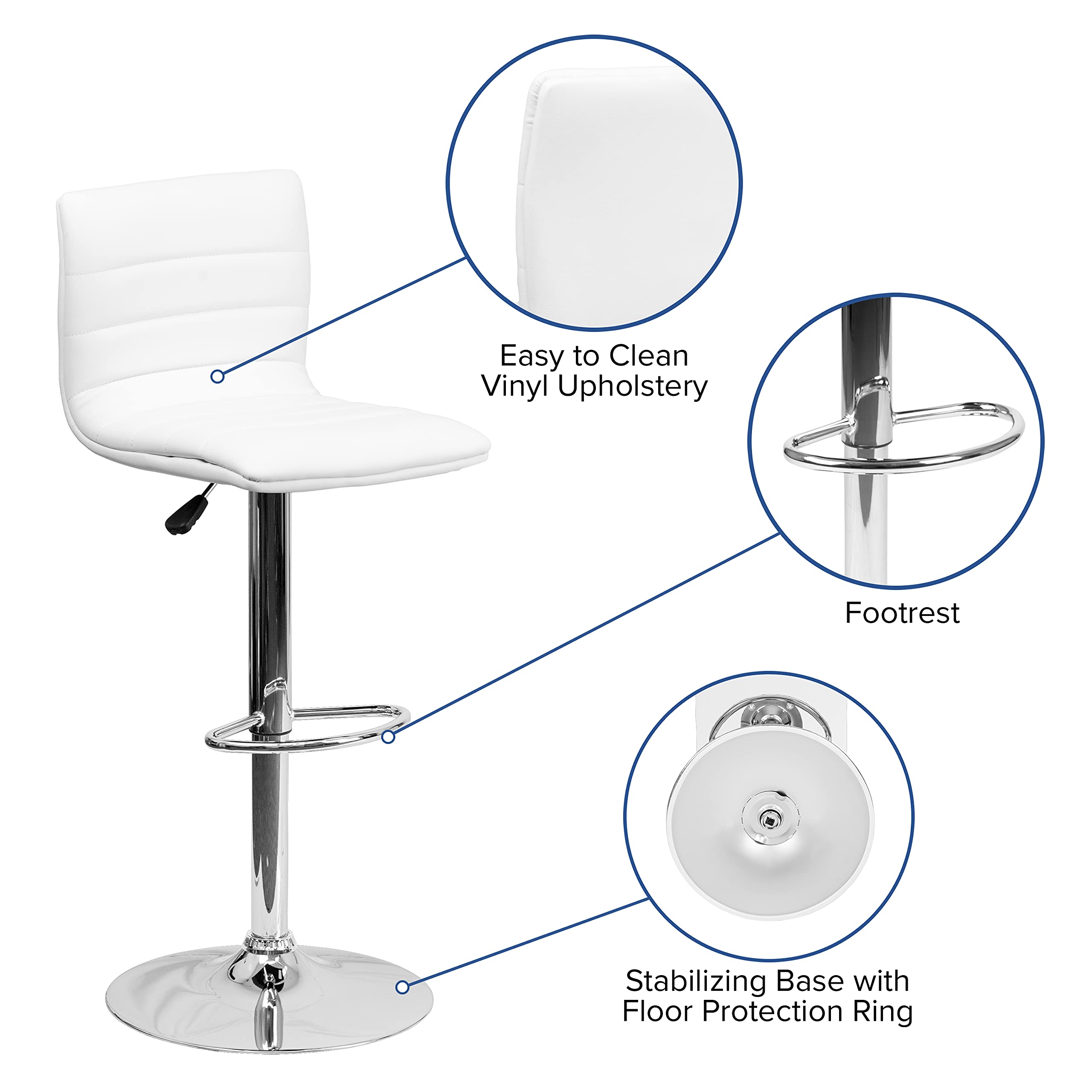 2 Pack White Vinyl Adjustable Height Bar Stools with Horizontal Stitch Back - Perfect for Kitchen Island, Breakfast Nook & Home Bar Counter Seating