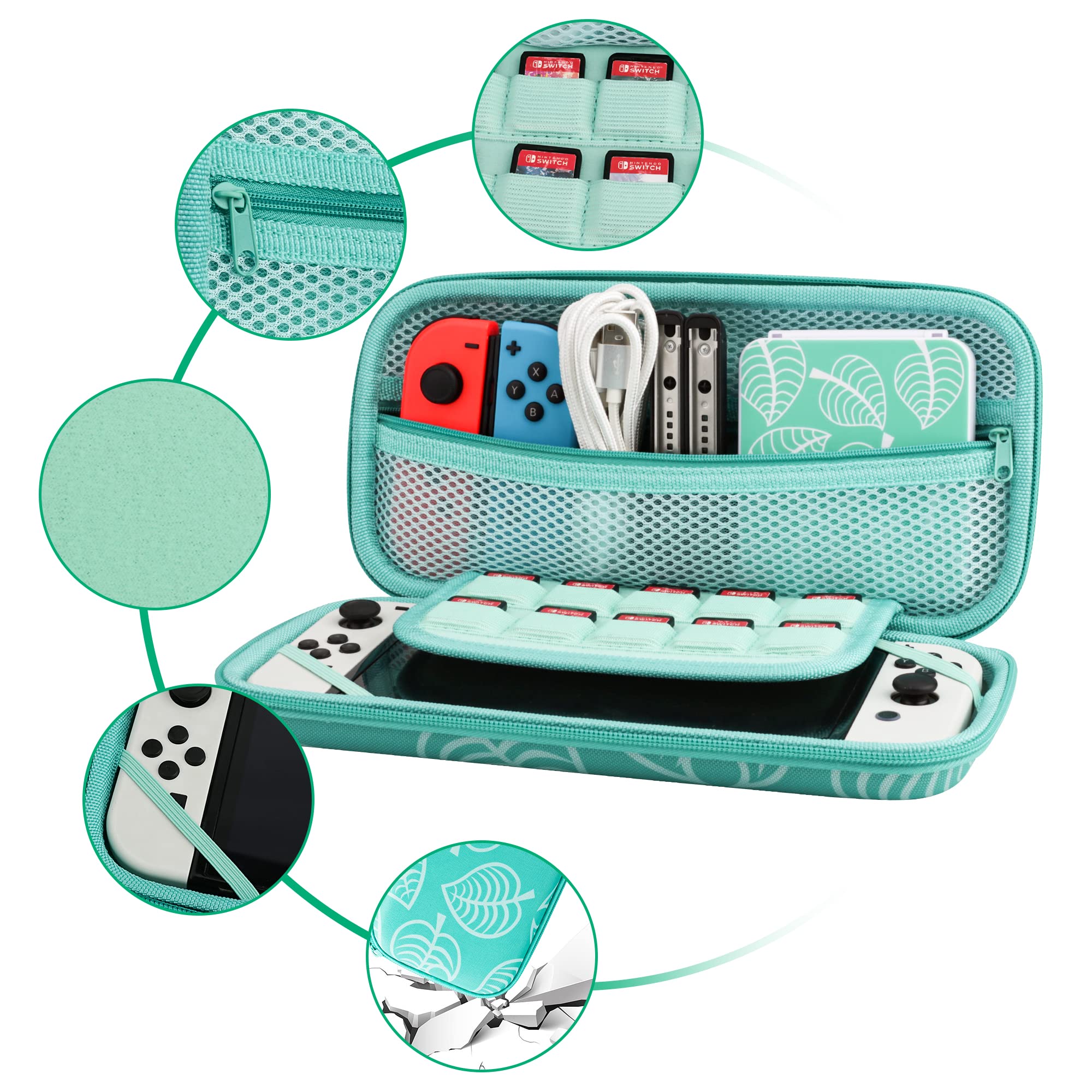Premium Nintendo Switch & OLED Travel Case Bundle - Durable Protective Carrying Case with Strap, Game Card Holder & Thumb Grips - Perfect for Animal Crossing Fans & On-the-Go Gaming (Green) | Ideal for Travel, Commuting & Home Storage