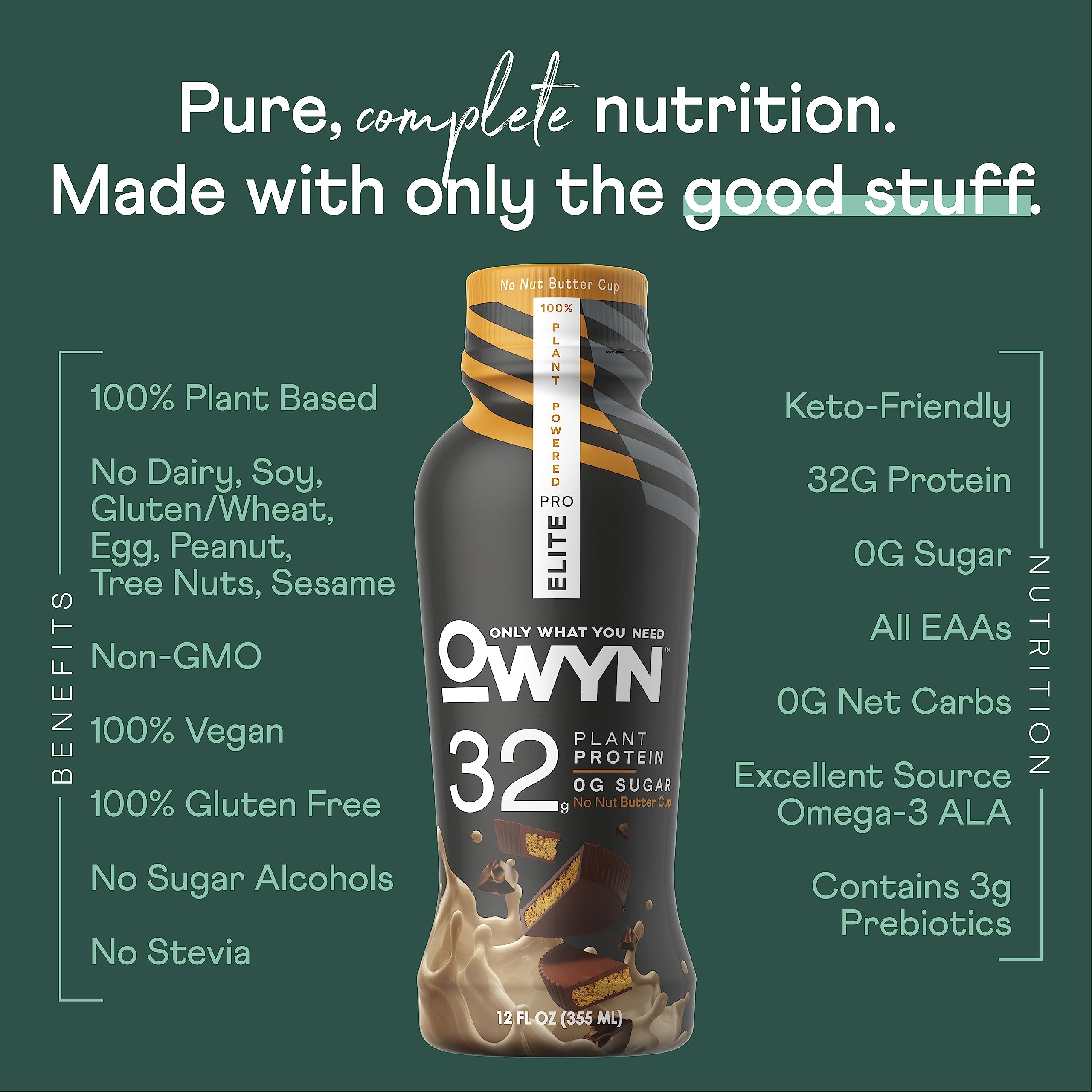 OWYN Pro Elite Vegan Plant-Based Protein Shake - 32g Protein, 9 Essential Amino Acids, Omega-3, Keto & Low Carb (0g Net Carbs, Zero Sugar) - Nut-Free, Dairy-Free for Workout Recovery & Muscle Growth - 24 Pack (No Nut Butter Cup Flavor) - Perfect for Post-Workout, Meal Replacement & Active Lifestyle