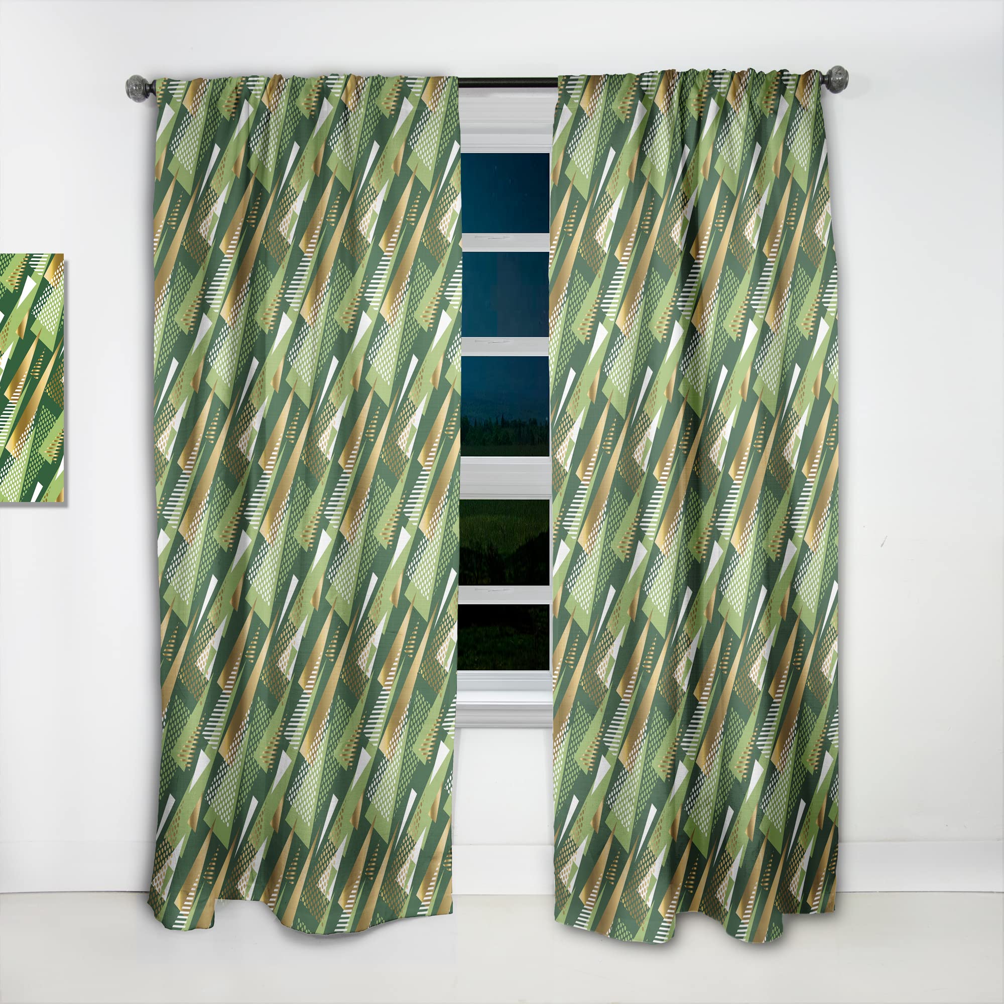 DesignQ Thermal Insulated Curtains - Gold & Green Triangle Pattern Single Panel (52x120 inches) for Bedroom & Living Room - Energy Saving, Blackout Drapes for Home Decor