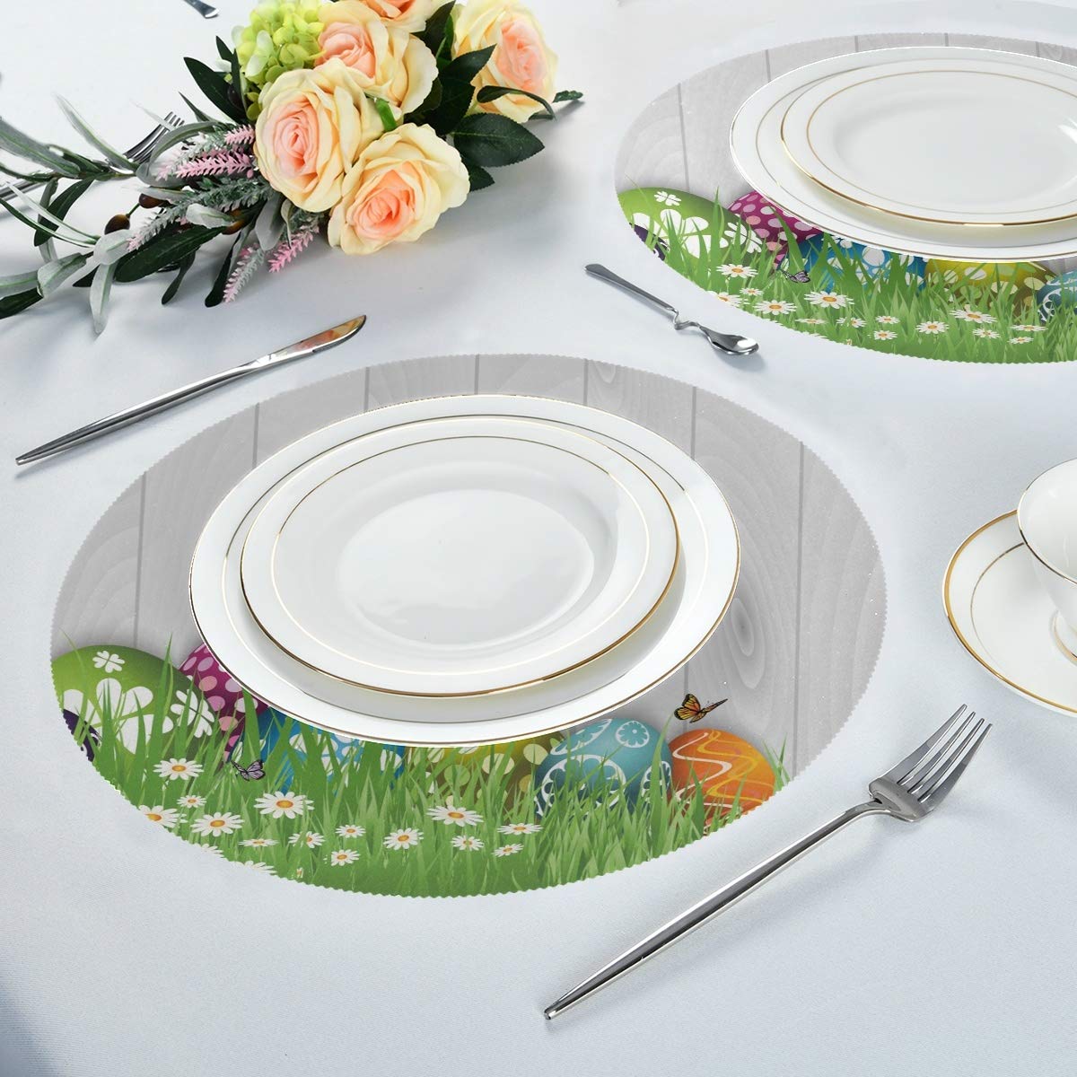 Easter Eggs Flower Butterfly Round Table Mats Set of 4 - Heat Resistant Non-Slip Polyester Placemats for Dining Table - Easter Kitchen Decor - Washable & Easy to Clean - Perfect for Holiday Dinners, Spring Celebrations & Home Decor