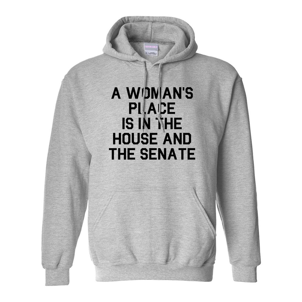 Unisex Pullover Hoodie - 'A Woman's Place is in The House and The Senate' Slogan Sweatshirt - Perfect for Political Rallies, Feminist Events & Casual Wear