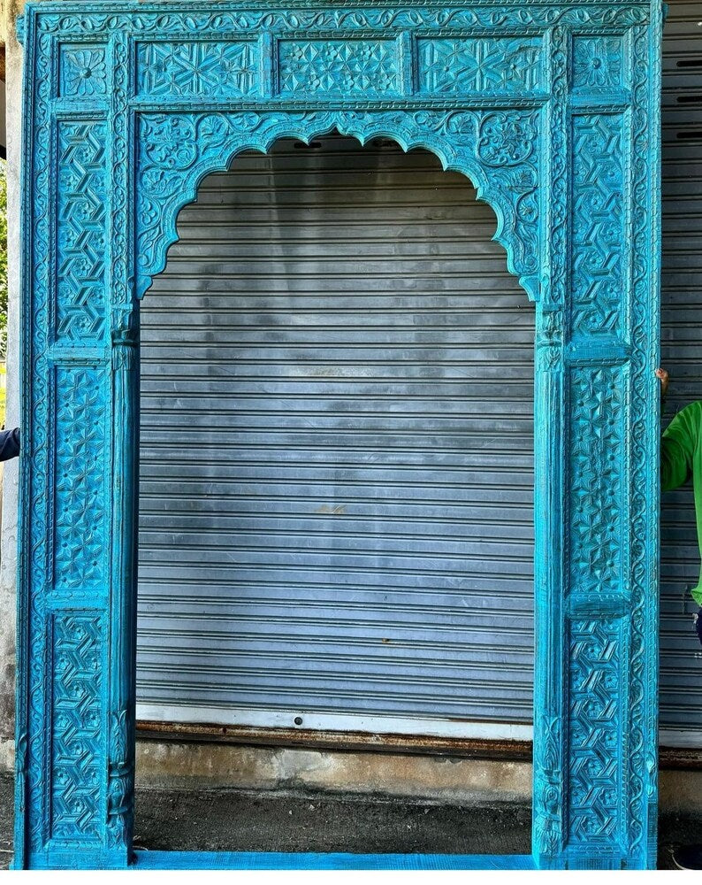 Handmade Carved Indian Jharokha Solid Hardwood Large Blue Arch Window Frame - Perfect for Home Decor, Wall Art, and Traditional Indian Interior Design