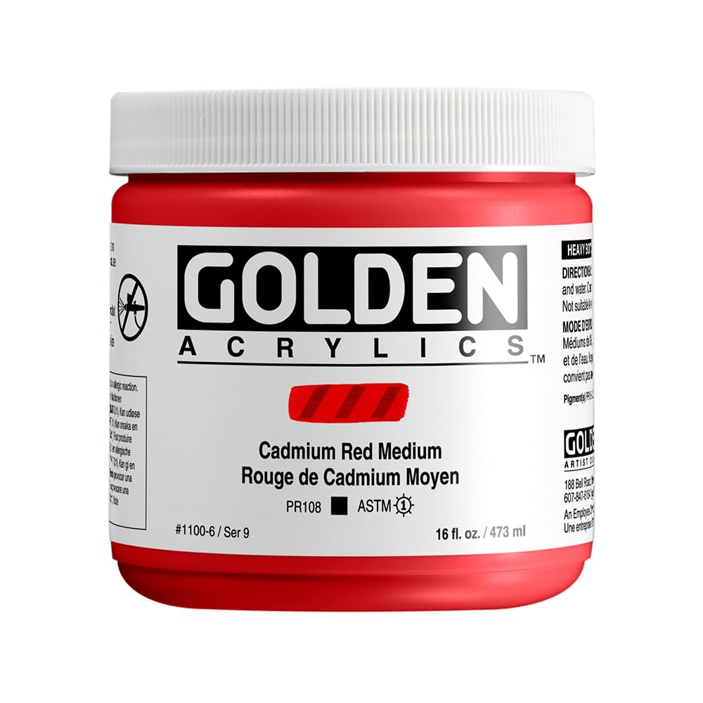 GOLDEN Heavy Body Acrylic Paint - Cadmium Red Medium (16 fl. oz Jar) | Professional Grade Opaque Acrylics for Artists | Perfect for Canvas Painting, Murals & Fine Art Projects