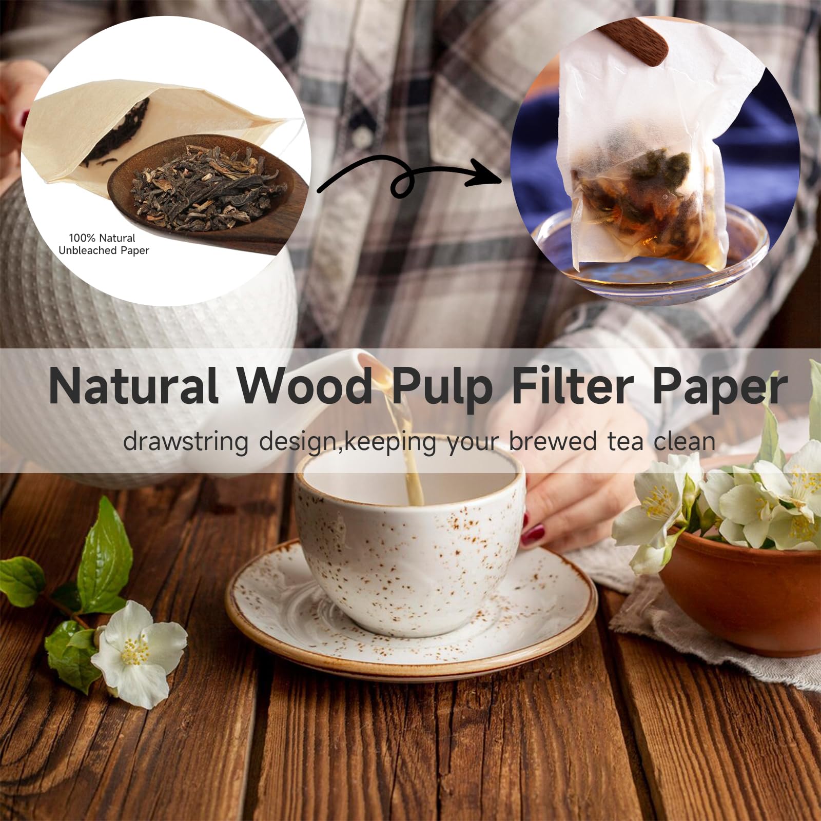 200Pcs Disposable Tea Filter Bags - Natural Unbleached Empty Tea Bags for Loose Leaf Tea, Coffee, Herbs & Spices (3.54 x 2.75 inch) - Perfect for Home Brewing, Office Use & DIY Tea Blends