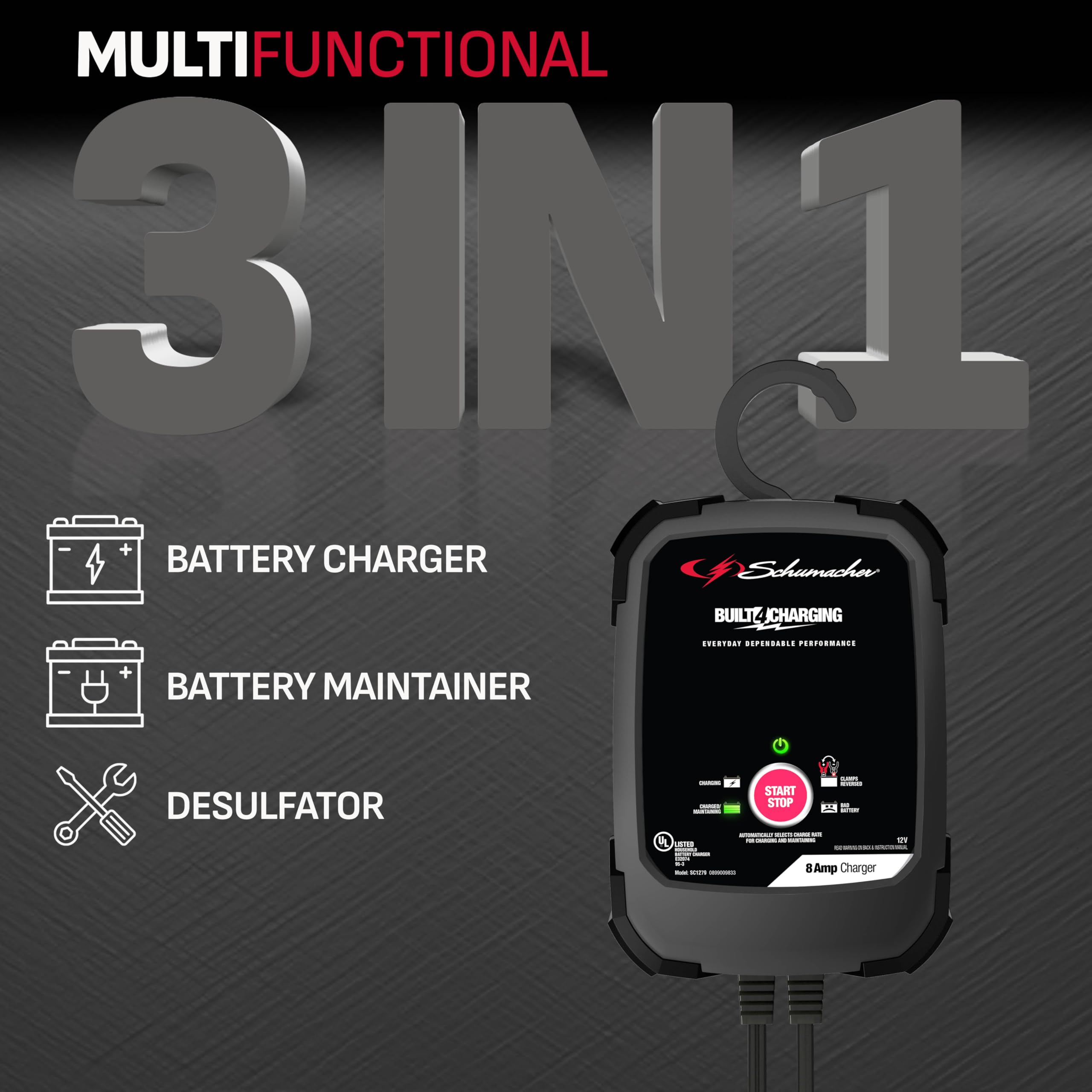 Schumacher SC1279 8A 12V Rapid Battery Charger for Cars, Trucks, SUVs - Fast Charging & Maintenance Mode - Perfect for Home Garage, Road Trips & Emergency Vehicle Jump Starts
