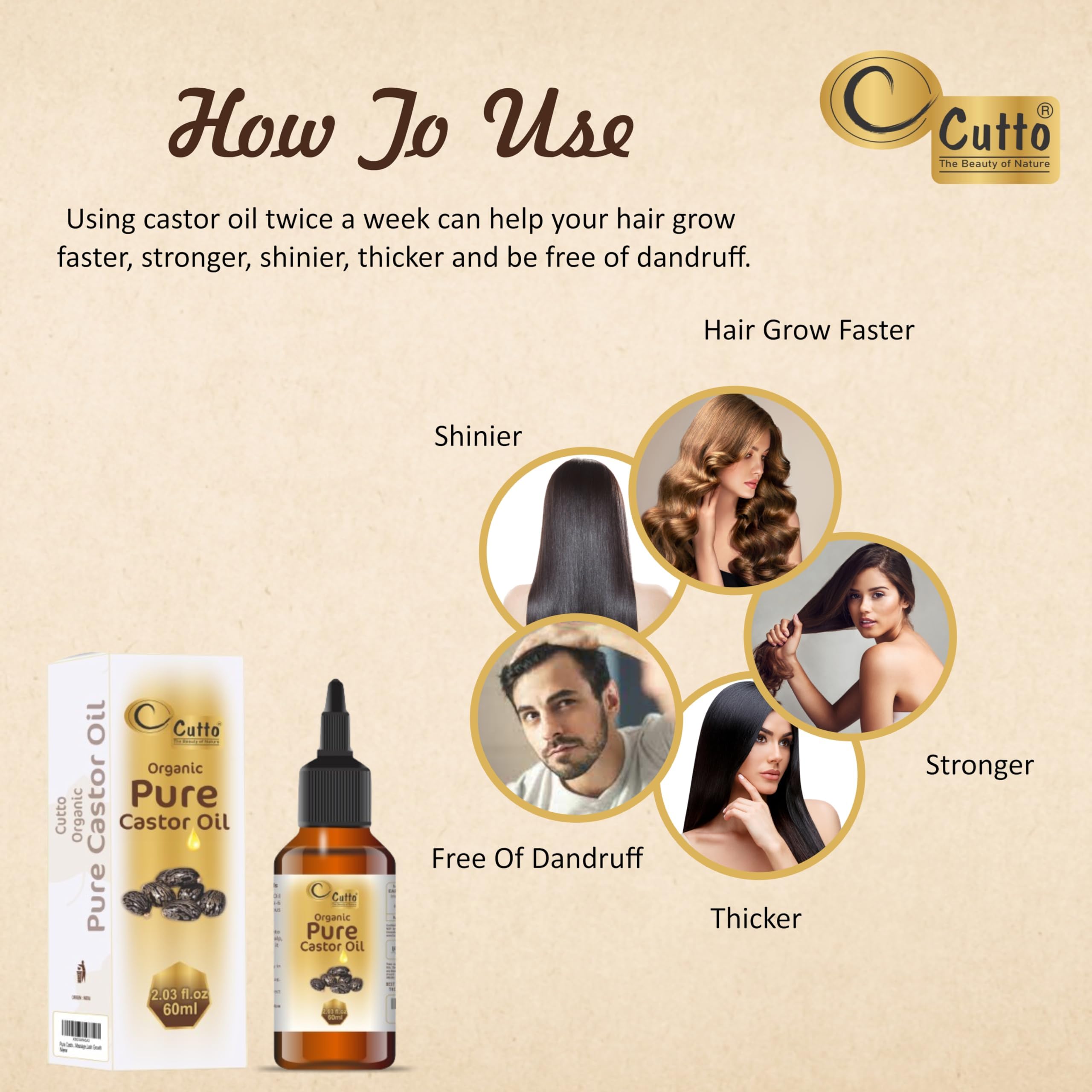 Organic Pure Cold-Pressed Castor Oil (60ml) - Hexane-Free, Non-GMO, Unrefined for Hair Growth, Eyelash & Eyebrow Enhancement, Dry Skin Moisturizer & Massage Oil | Natural Remedy for Scalp Care, Skin Healing & DIY Beauty Treatments