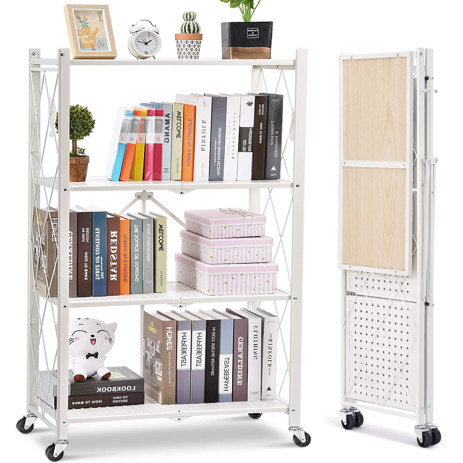 KingRack 4-Tier Heavy Duty Metal Storage Shelves - Foldable Bookshelf & Display Rack for Garage, Kitchen, Office - No Assembly Required | Perfect for Organizing Books, Plants, Kitchen Supplies & Home Storage