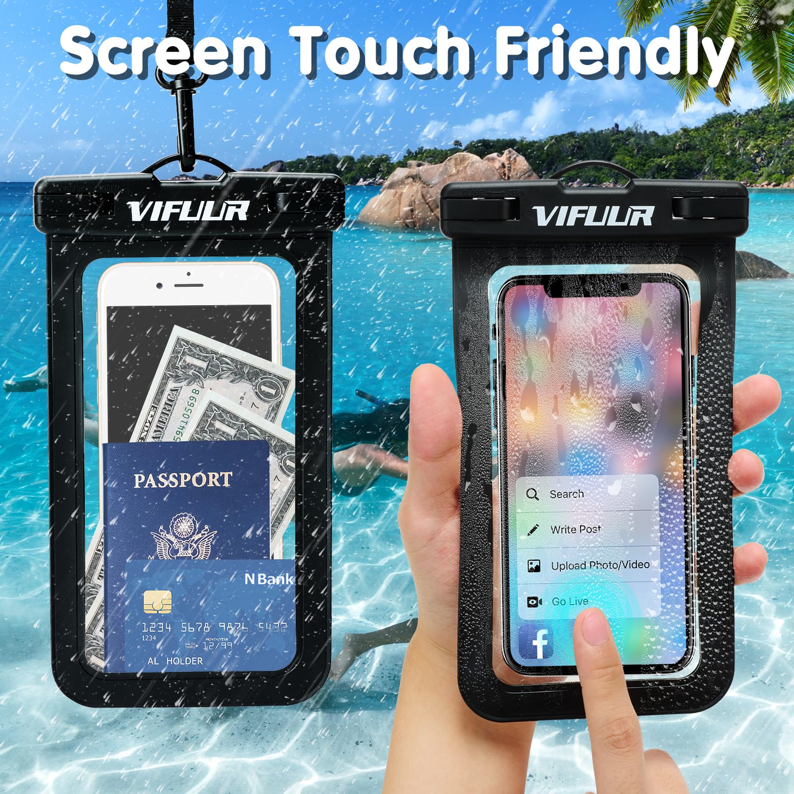 VIFUUR IPX8 Waterproof Phone Pouch - Universal Waterproof Dry Bag Case for iPhone 15 14 13 12 Pro Max XS Plus & Samsung Galaxy - Beach, Swimming, Diving, Kayaking, Boating - 2 Pack Black/Clear Phone Protector