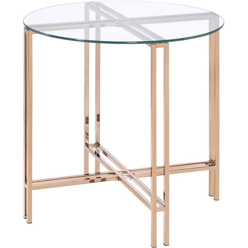 Acme Veises Round Glass Top End Table - Gold & Champagne Finish - Perfect for Living Room, Bedroom, or Office Decor