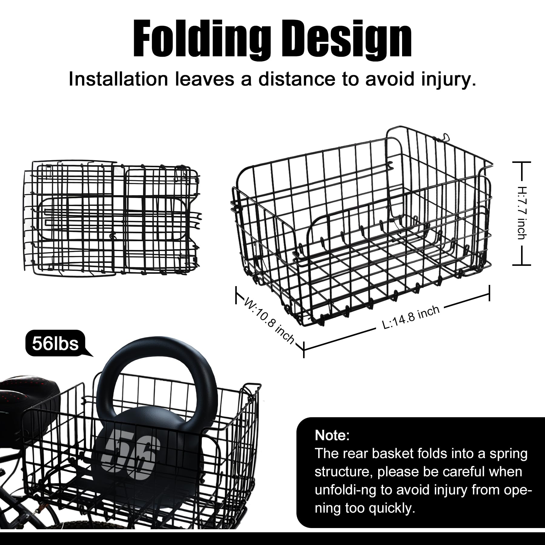 Rear Bike Basket - Foldable & Detachable Metal Bicycle Cargo Rack with Adjustable Strap & Reflective Tail Light - Universal Fit for Most Bike Racks - Perfect for Grocery Shopping, Commuting & Outdoor Adventures