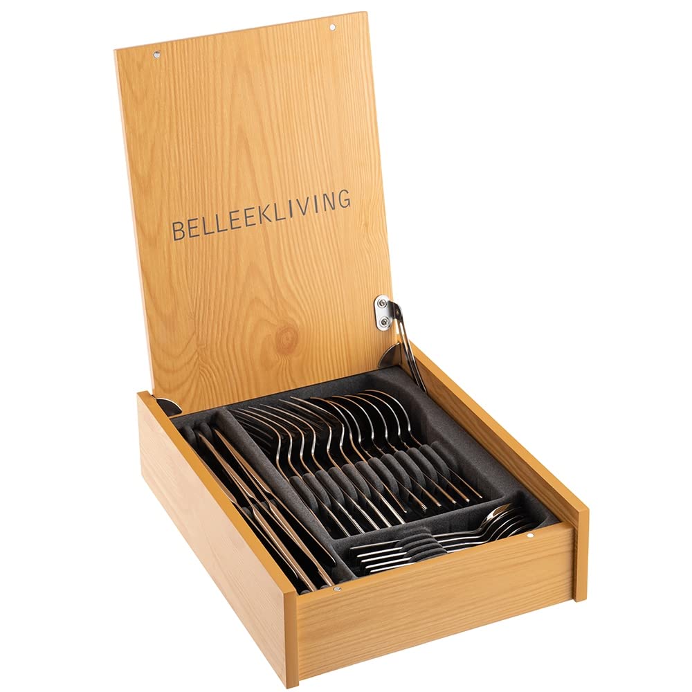 Belleek Reflection 24-Piece Stainless Steel Flatware Set - Premium 18/10 Cutlery Set with Wooden Organizer - Dishwasher Safe Silverware for Dinner Parties, Weddings & Everyday Dining